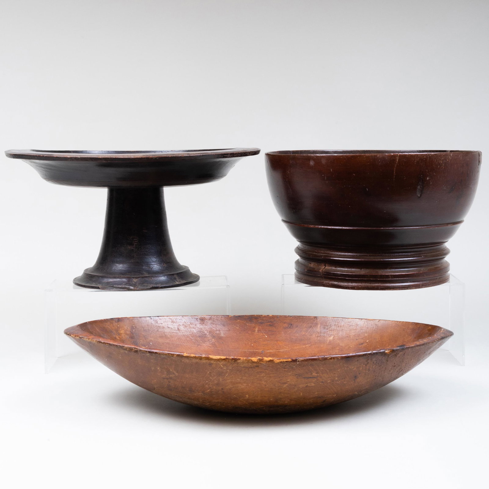 Group of Three Rustic Wood Tablewares: Group of Three Rustic Wood Tablewares Comprising: A oblong bowl A conical bowl A large tazza The largest 9 1/2 x 18 1/4 in.