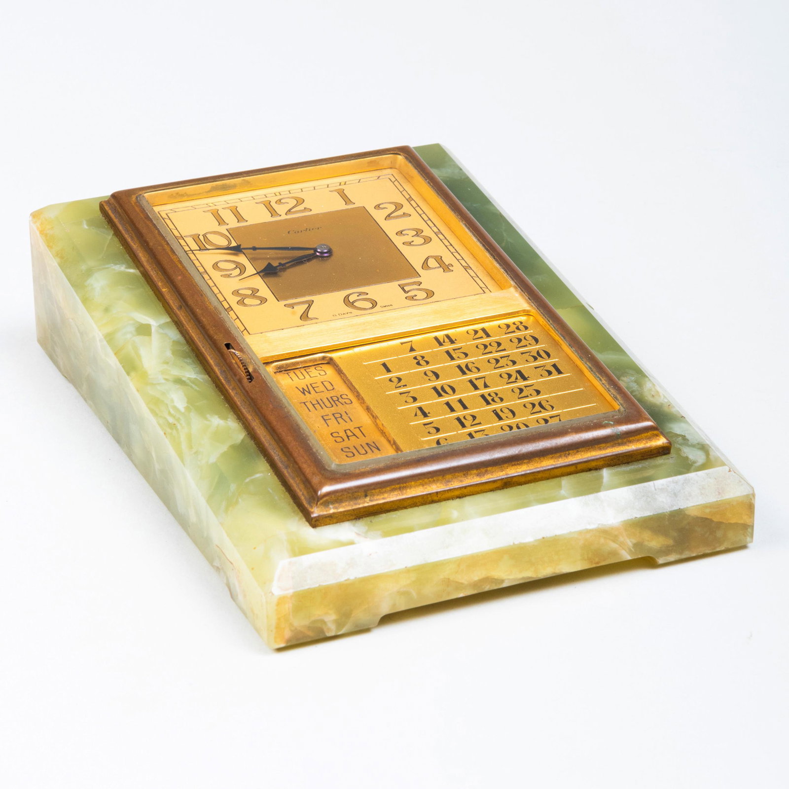 Cartier Brass-Mounted and Hardstone Desk Clock and: Cartier Brass-Mounted and Hardstone Desk Clock and Calendar Dial signed. 1 3/8 x 6 1/4 x 4 1/4 in.