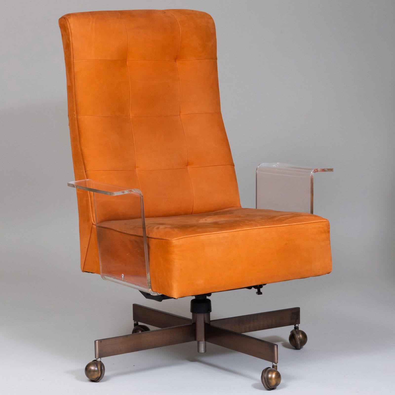 Vladimir Kagan Lucite Orange Suede Upholstered Desk: Vladimir Kagan Lucite Orange Suede Upholstered Desk Chair 3 ft. 4 in. x 28 3/4 x 24 1/2 in. Custom made for Elaine and Alexandre Rosenberg, circa 1970.