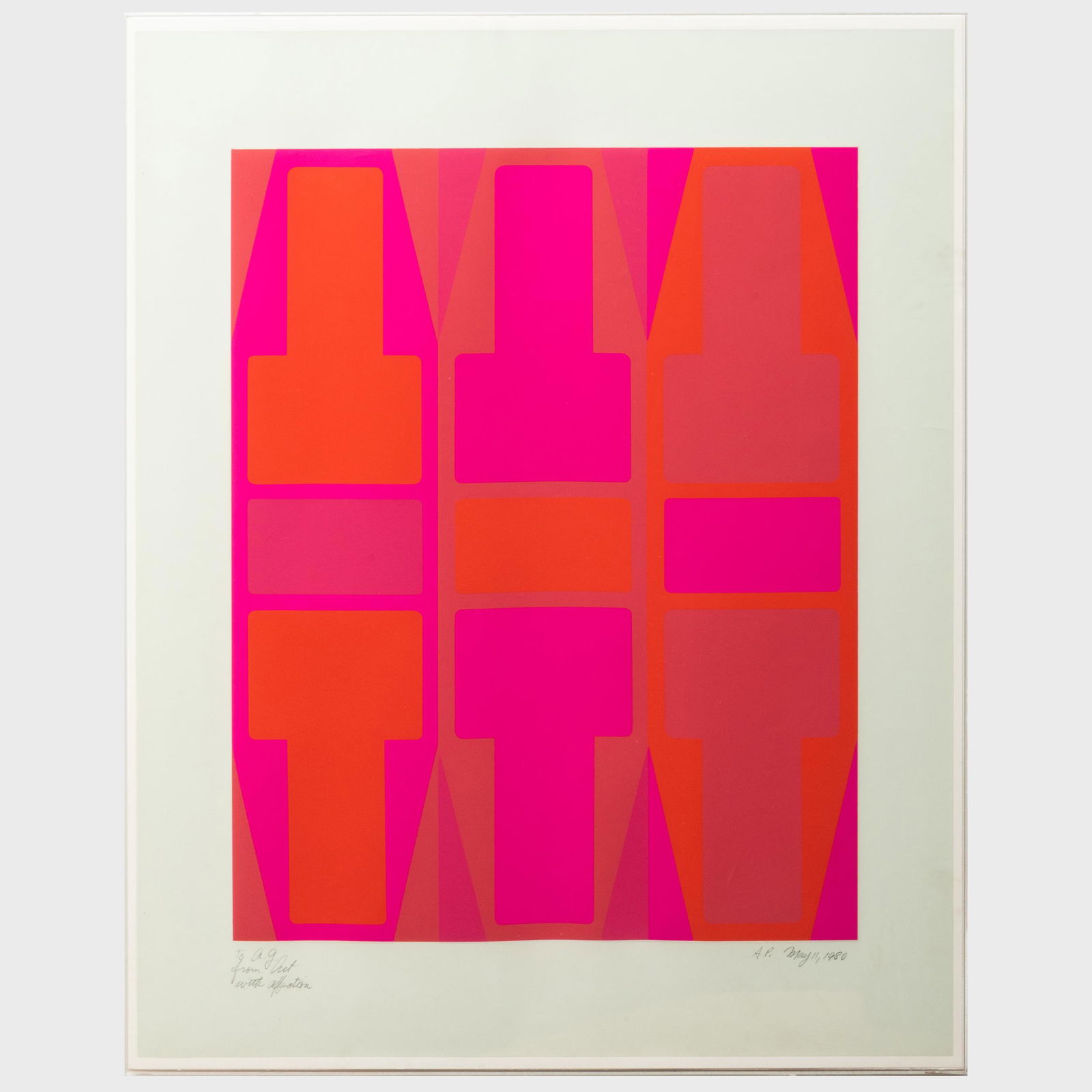 Arthur Boden (1927-2019): T-Series (Red); and T-Series: Arthur Boden (1927-2019): T-Series (Red); and T-Series (Orange) Two screenprints in colors on grey paper, 1980 and 1970, Red dated and inscribed 'A.P.' and 'to A.G. from Art with affection', Orange