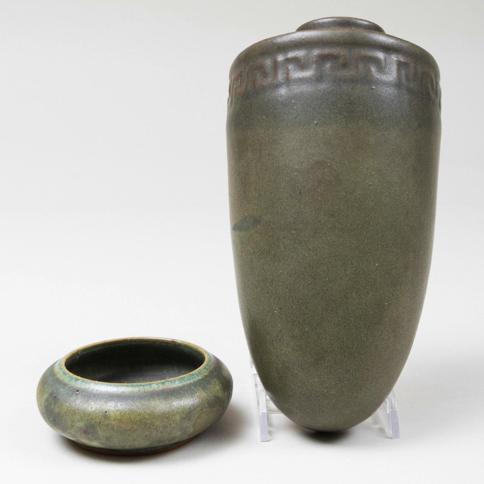 Fulper Pottery Small Green Glazed Dish and a Wall: Fulper Pottery Small Green Glazed Dish and a Wall Pocket Black printed mark. The dish 4 in. diam., the wall pocket 8 1/4 x 4 1/2 x 3 in.