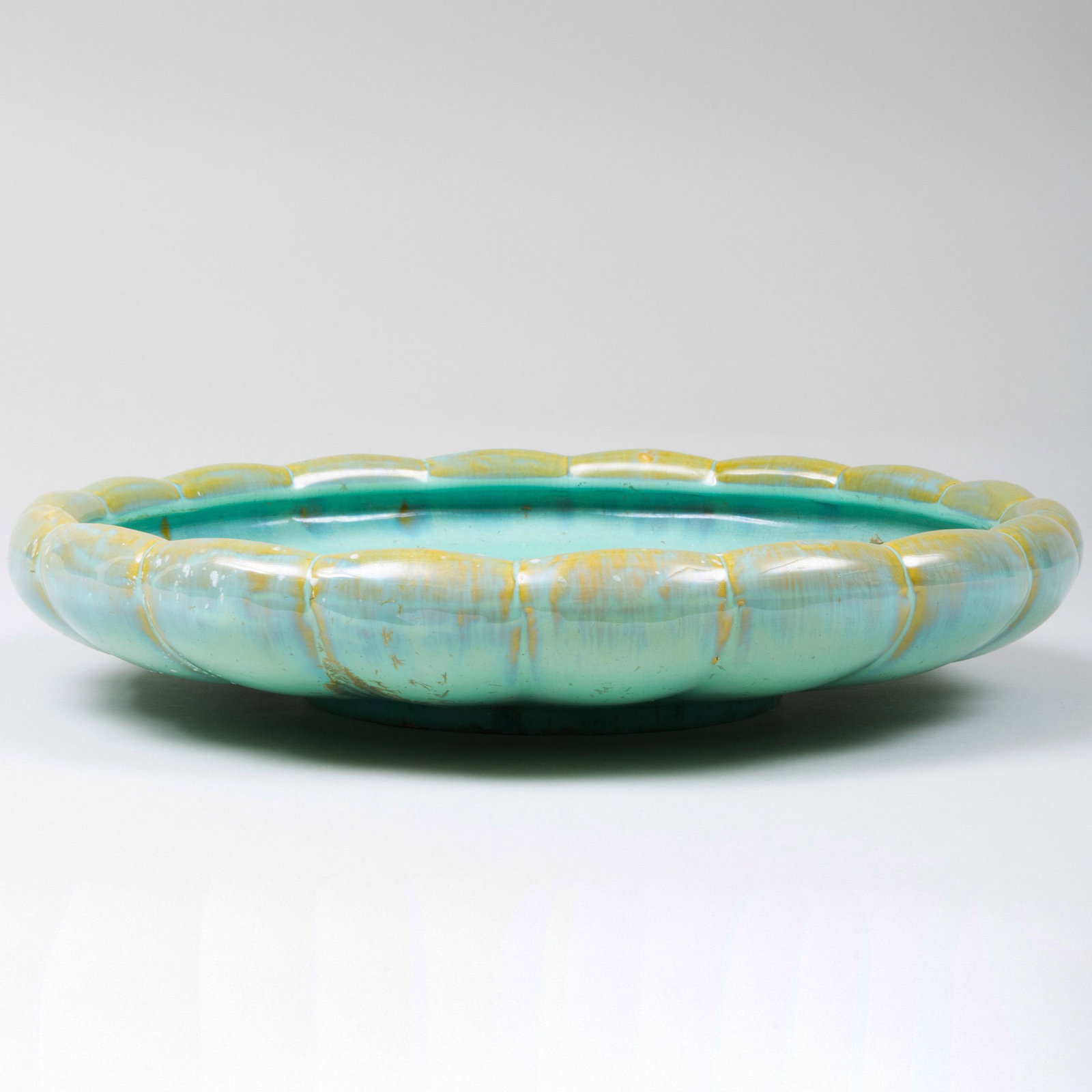 Fulper Pottery Crystaline Glazed Lobed Charger: Fulper Pottery Crystaline Glazed Lobed Charger Black printed mark. 15 in. diam.