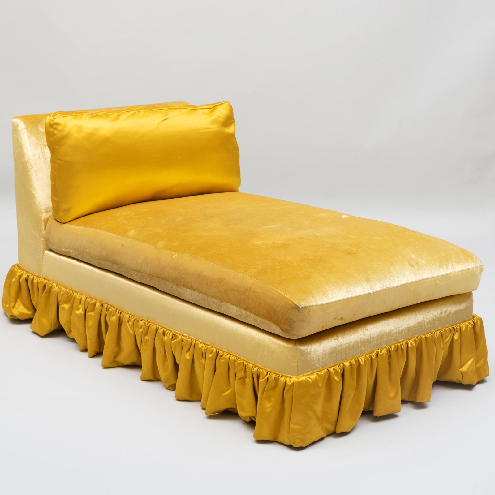Mid-Century Skirted Chaise Lounge in Gold Satin and: Mid-Century Skirted Chaise Lounge in Gold Satin and Velvet Upholstery 29 x 5 ft. 3 in. x 31 in.