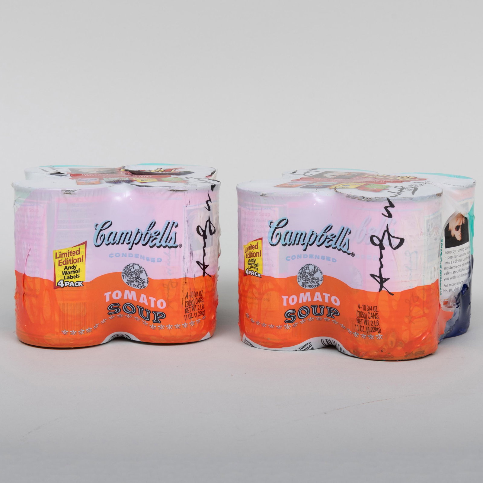 After Andy Warhol (1928-1987): Campbell's Soup Cans: After Andy Warhol (1928-1987): Campbell's Soup Cans Two sets of four soup cans, 2004-2006, produced by the Campbell's Soup Company, cans in shrinkwrap with the printed signatures. Each set of four 4 x