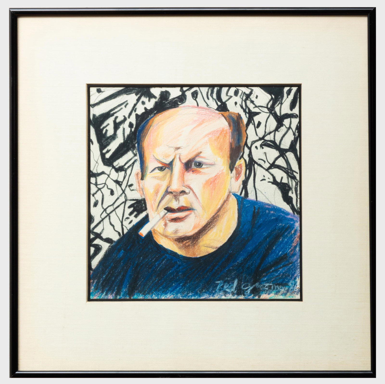 Red Grooms (b. 1937): Jackson Pollock: Red Grooms (b. 1937): Jackson Pollock Pastel on paperboard, 1986, signed 'Red Grooms' and dated lower right, with label from Hirschl & Adler Modern, NY. 9 1/4 x 9 1/4 in., 16 1/4 x 16 1/4 in. (frame).