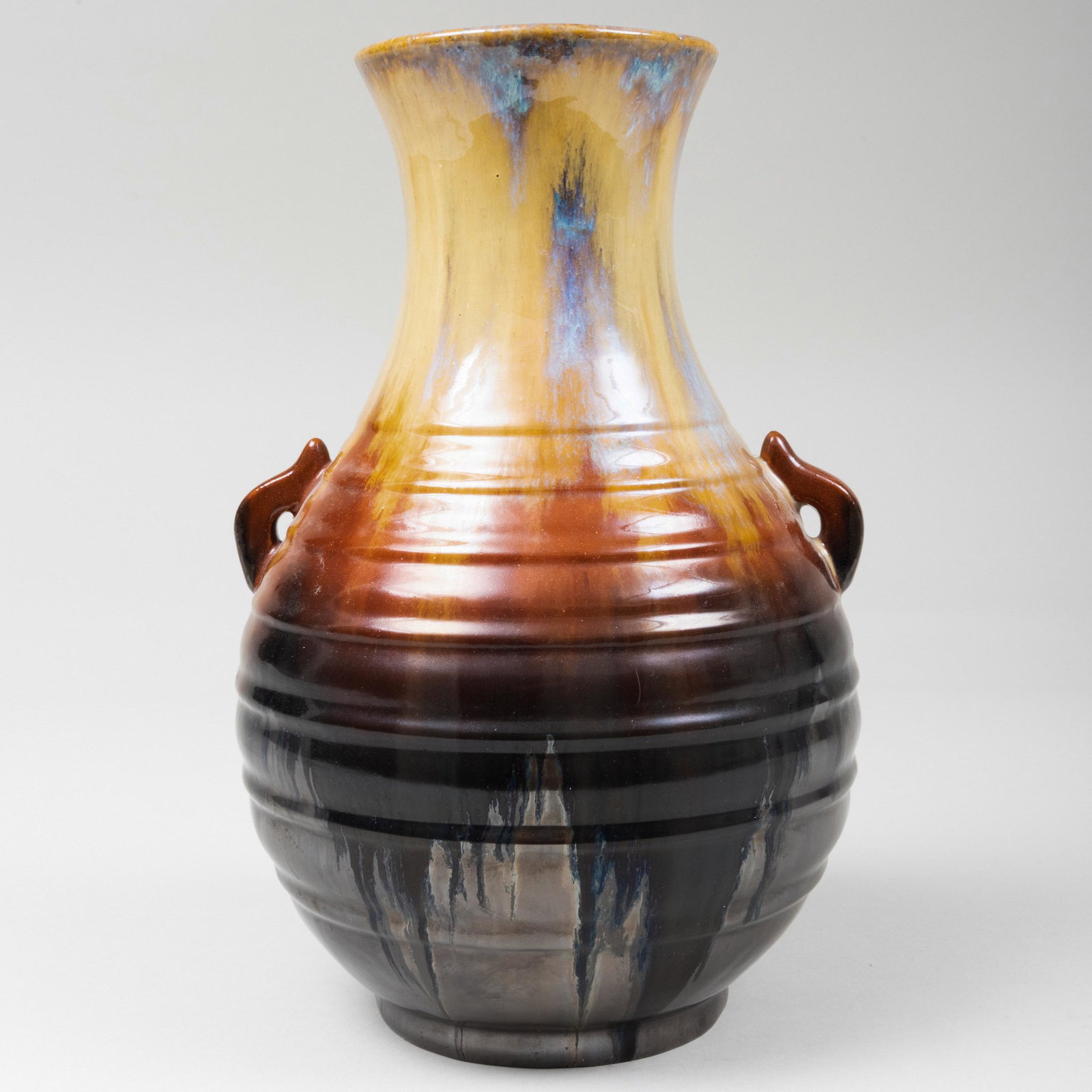 Fulper Pottery Cat's Eye Flambé Glazed Two Handle Vase: Fulper Pottery Cat's Eye Flambé Glazed Two Handle Vase Impressed mark. 12 1/2 x 8 in. diam.