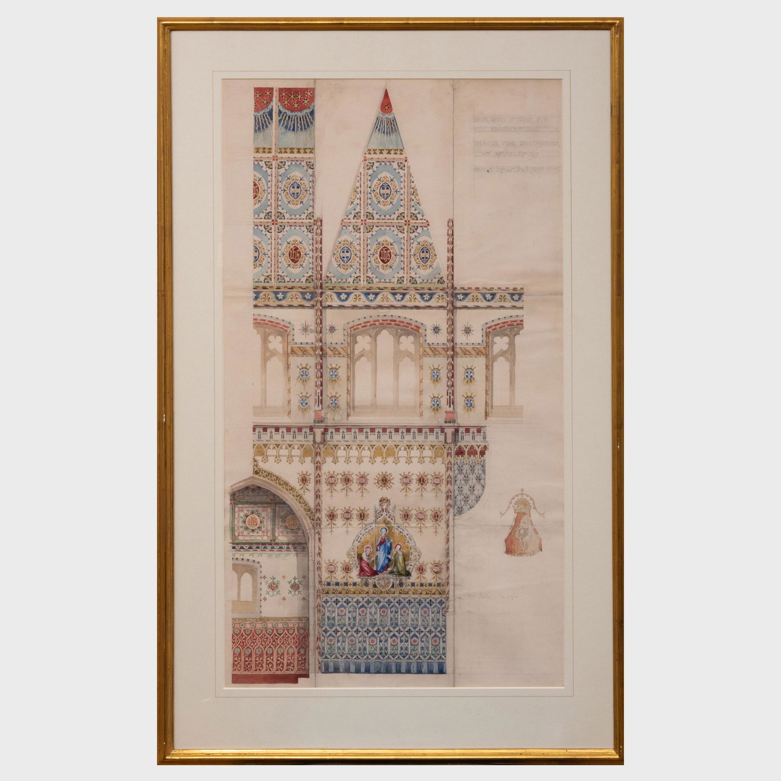 John Hardman Studios: Design for Decoration of the: John Hardman Studios: Design for Decoration of the Sanctuary, Our Lady of Good Aid Pencil and watercolor on paper, variously inscribed, with label from Christopher Wood Gallery, London. 28 x 15 1/2 in