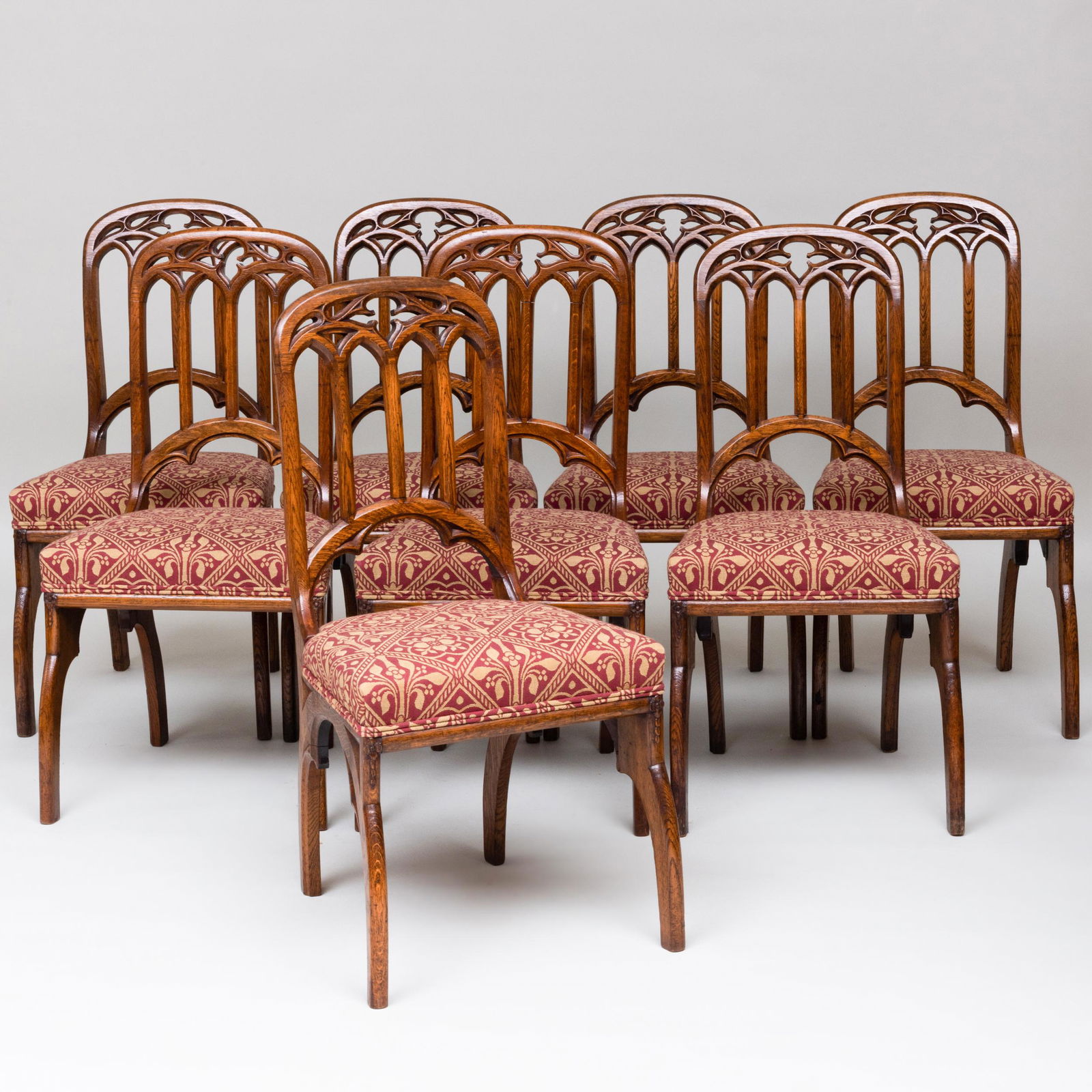 Set of Eight Victorian Neo-Gothic Oak Dining Chairs, (1 of 10)