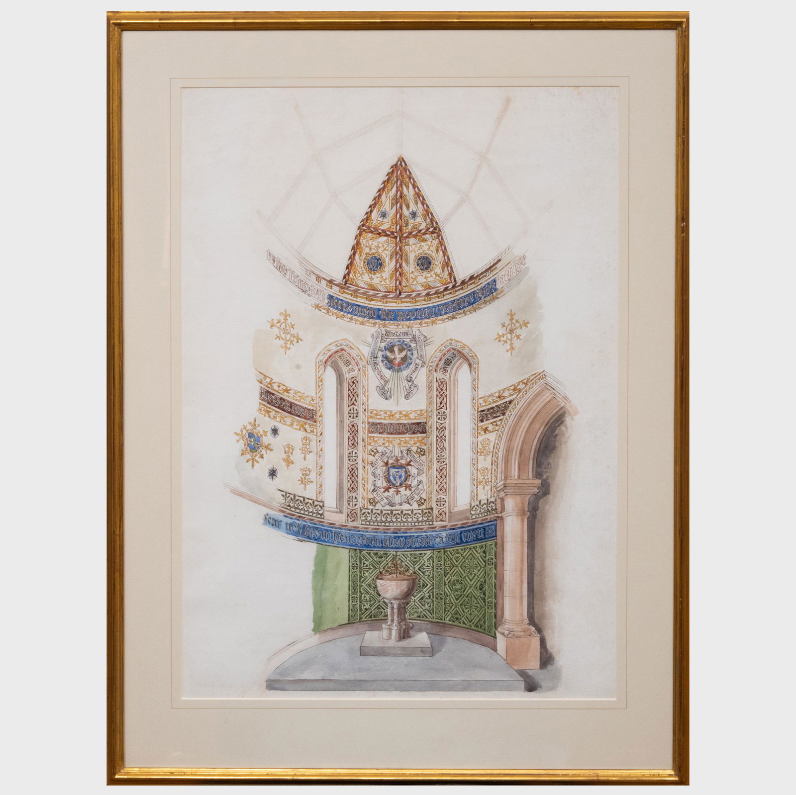 John Hardman Studios: Design for Decoration of the: John Hardman Studios: Design for Decoration of the Sanctuary, St. Alphonsus Chapel, Glasglow Pencil and watercolor on paper, unsigned, with label from Christopher Wood Gallery, London. 24 3/4 x 17 1/2