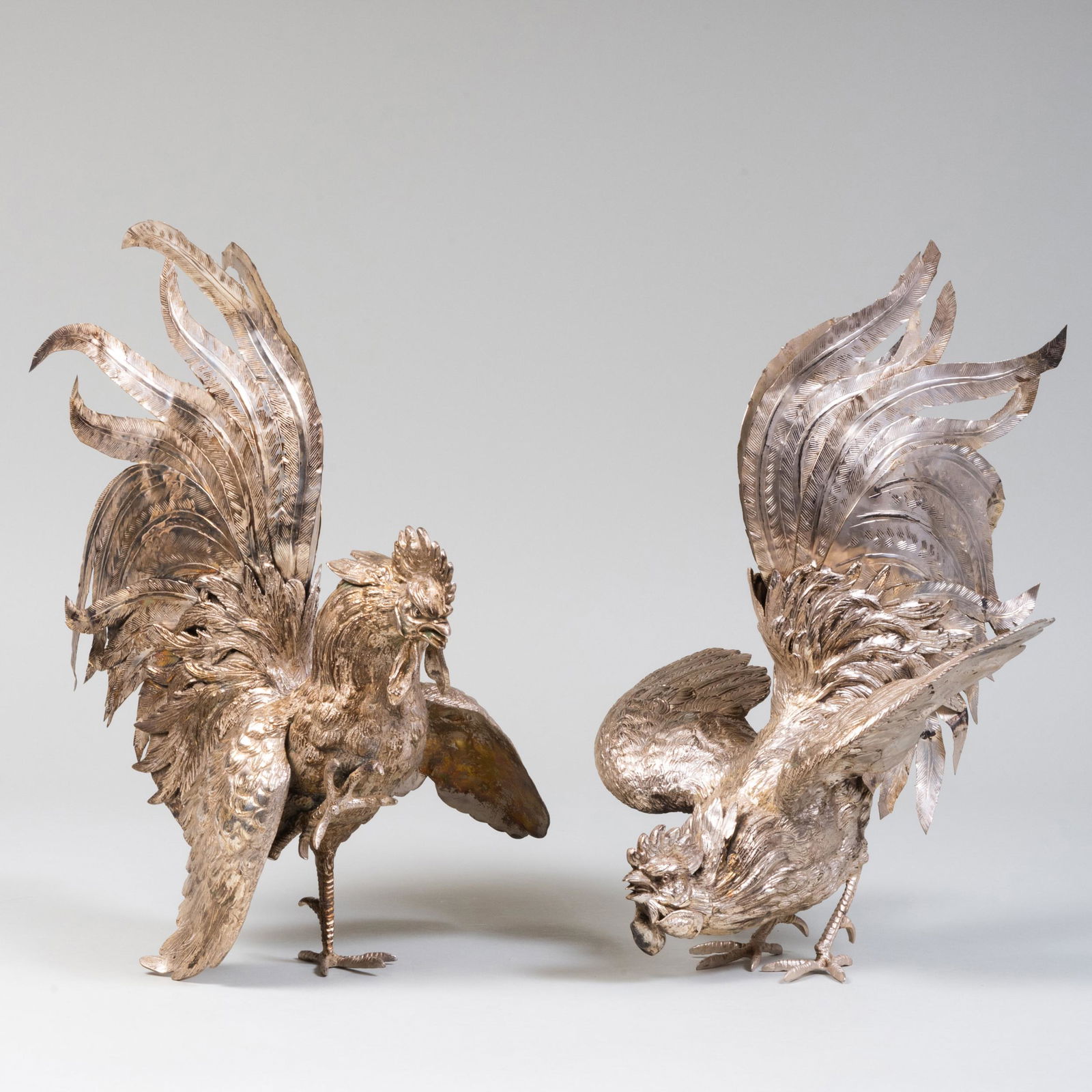 Large Pair of Silver Plate Fighting Roosters (1 of 7)