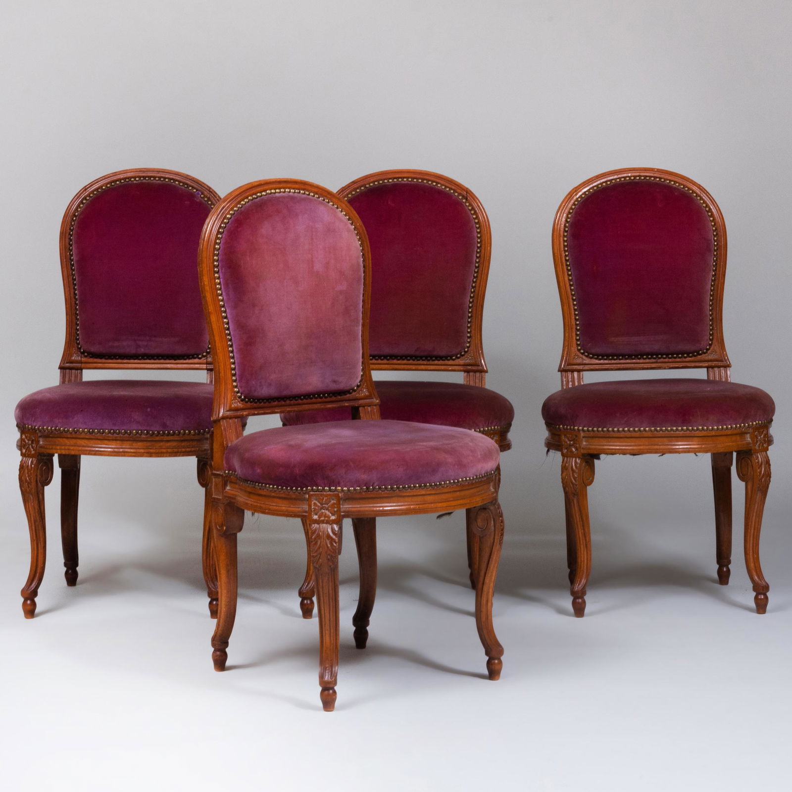 Set of Four Louis XV/XVI Style Beechwood Chaises à la: Set of Four Louis XV/XVI Style Beechwood Chaises à la Reine, in the Manner of Georges Jacob Upholstered in velvet. 36 1/2 x 19 1/2 x 19 1/2 in., height of seat 17 1/2 in. Property from the Estate of