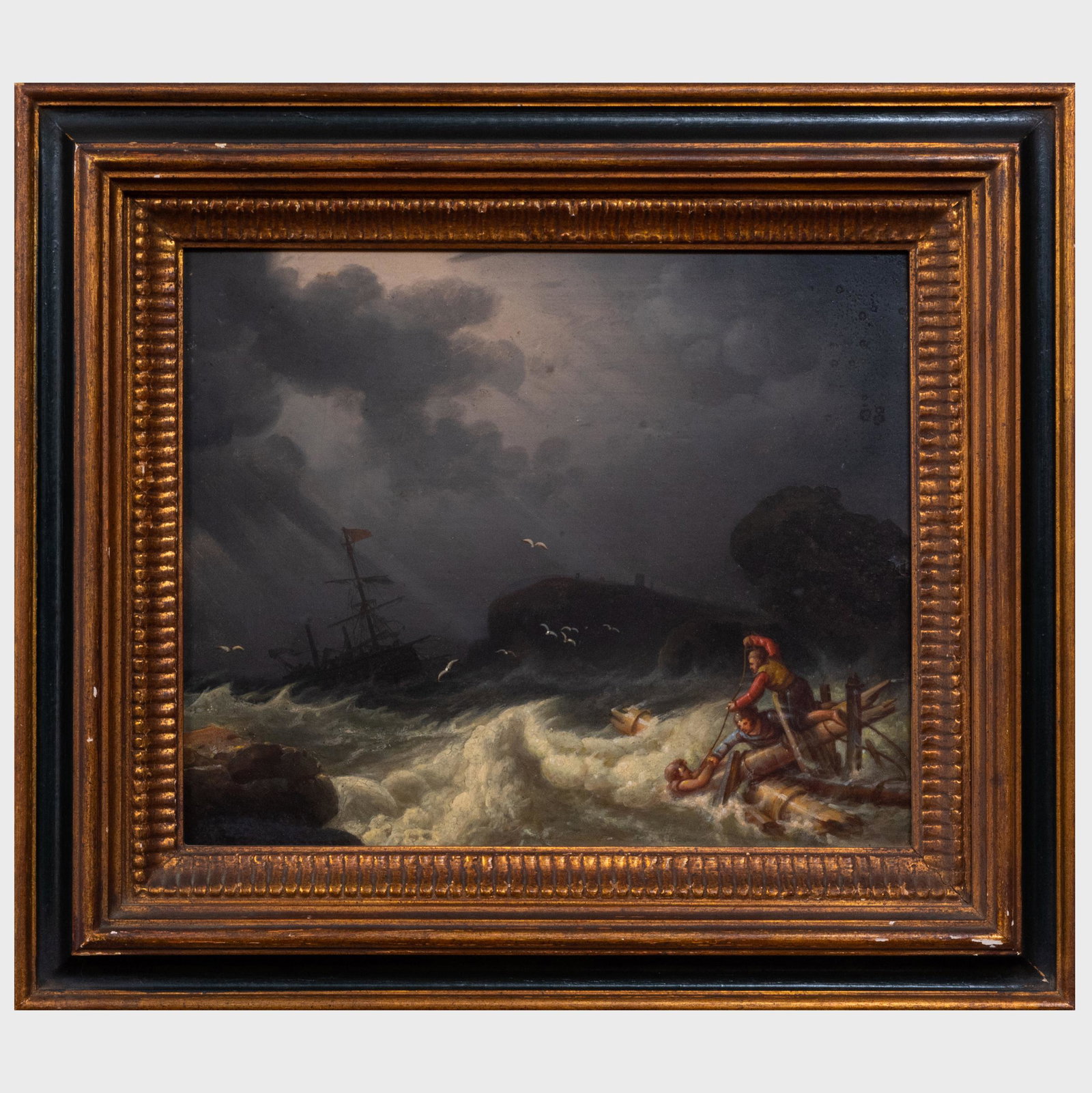 European School: Rough Seas: European School: Rough Seas Oil on board, unsigned, inscribed 'No 21' on the reverse, with label from Charles Robinson Company, London. 10 x 12 in., 14 3/4 x 16 3/4 in. (frame).