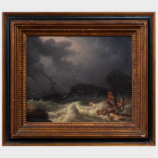 European School: Rough Seas: European School: Rough Seas Oil on board, unsigned, inscribed 'No 21' on the reverse, with label from Charles Robinson Company, London. 10 x 12 in., 14 3/4 x 16 3/4 in. (frame).