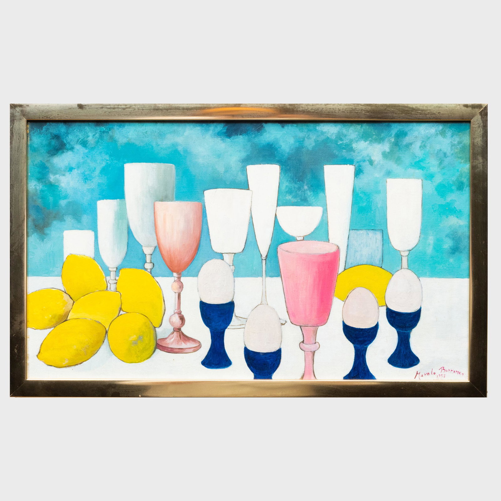Manolo Barromeo: No. 24 Glasses and Lemons: Manolo Barromeo: No. 24 Glasses and Lemons Oil on canvas, 1953, signed 'Manolo Barromeo' and dated lower right, signed and titled on a label on the reverse. 12 x 19 1/2 in., 13 x 20 1/2 in. (frame). P