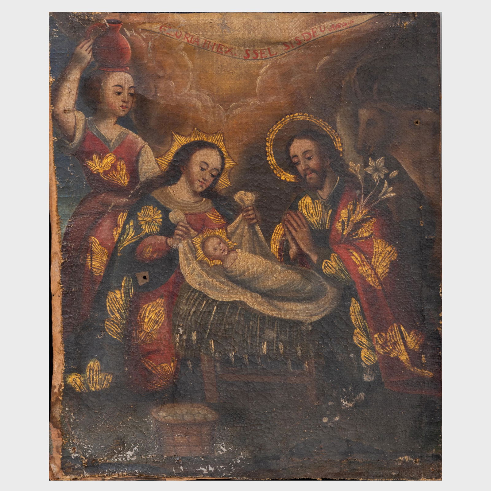 Icon of the Crucifixion with the Virgin, St. John and: Icon of the Crucifixion with the Virgin, St. John and Mater Dolorosa, The Nativity and The Queen of Heaven One oil on canvas, two oil on canvas. The largest 17 x 13 in. Property of the Rhode Island Sc