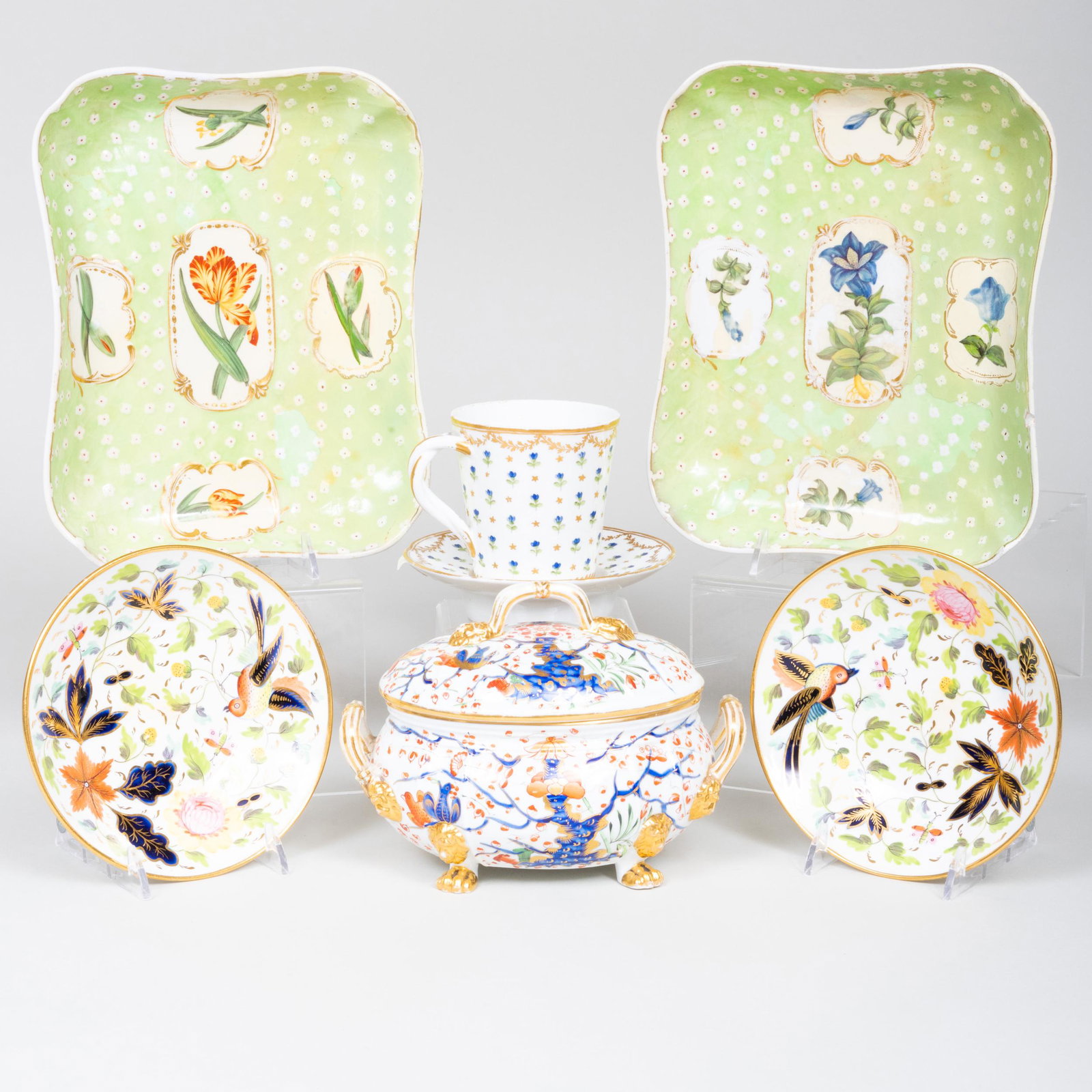 Group of English Porcelain Wares: Group of English Porcelain Wares Comprising: A pair of shaped rectangle green ground botanical dishes, named on reverse A Derby sauce tureen and cover, iron-red painted mark A pair of saucer dishes To