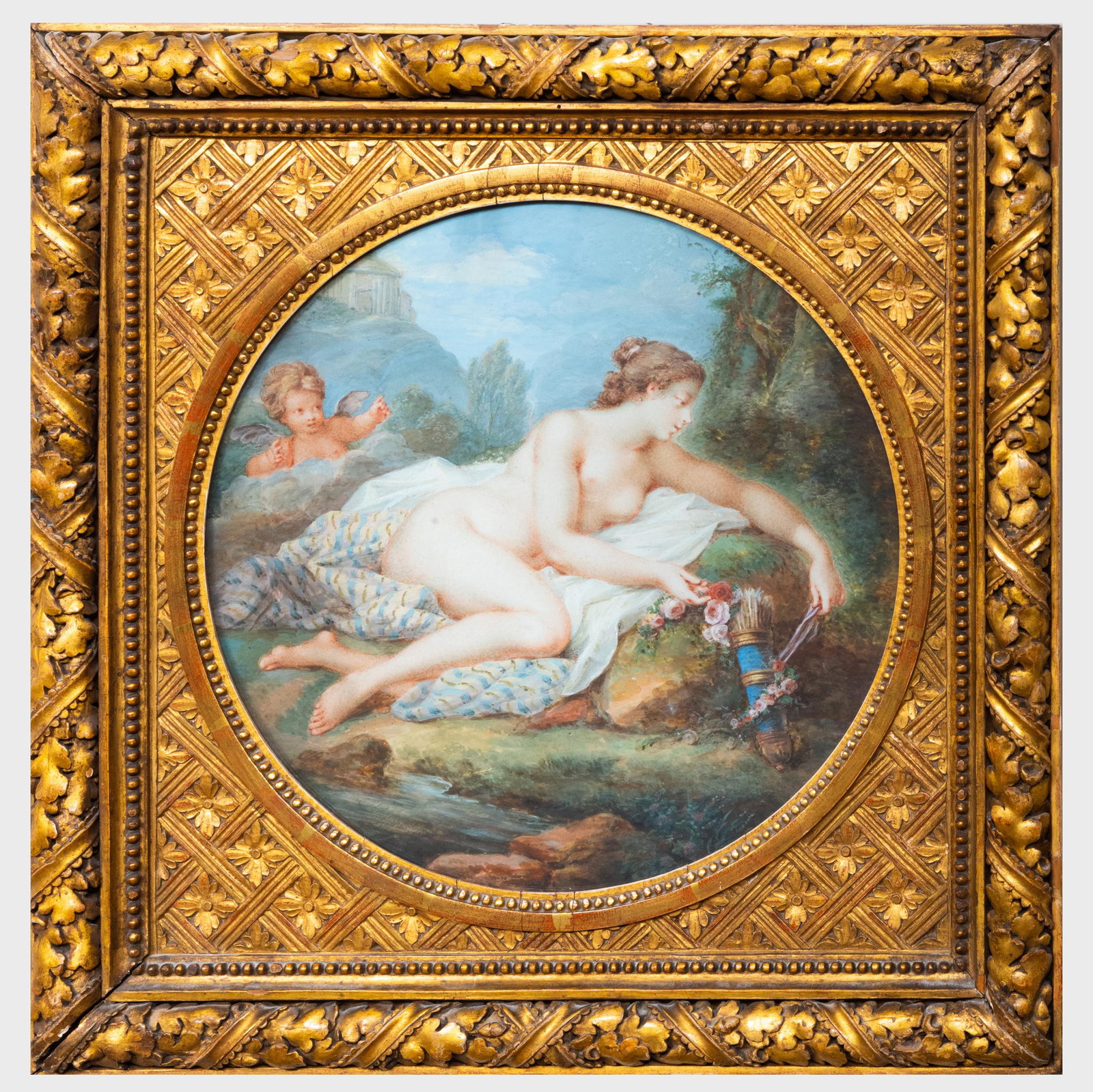 French School: Venus and Cupid: French School: Venus and Cupid Gouache on paper, unsigned. 10 in. (diameter), 15 1/4 x 15 in. (frame). Property from the Estate of Audrey Zauderer