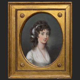 Attributed to Hugh Douglas Hamilton (1739-1808):: Attributed to Hugh Douglas Hamilton (1739-1808): Portrait of Mary Aylmer Pastel on paper, unsigned, with an indistinct paper label on the reverse. 9 1/4 x 8 in. (sheet, roundel), 13 x 10 3/4 in. (fram