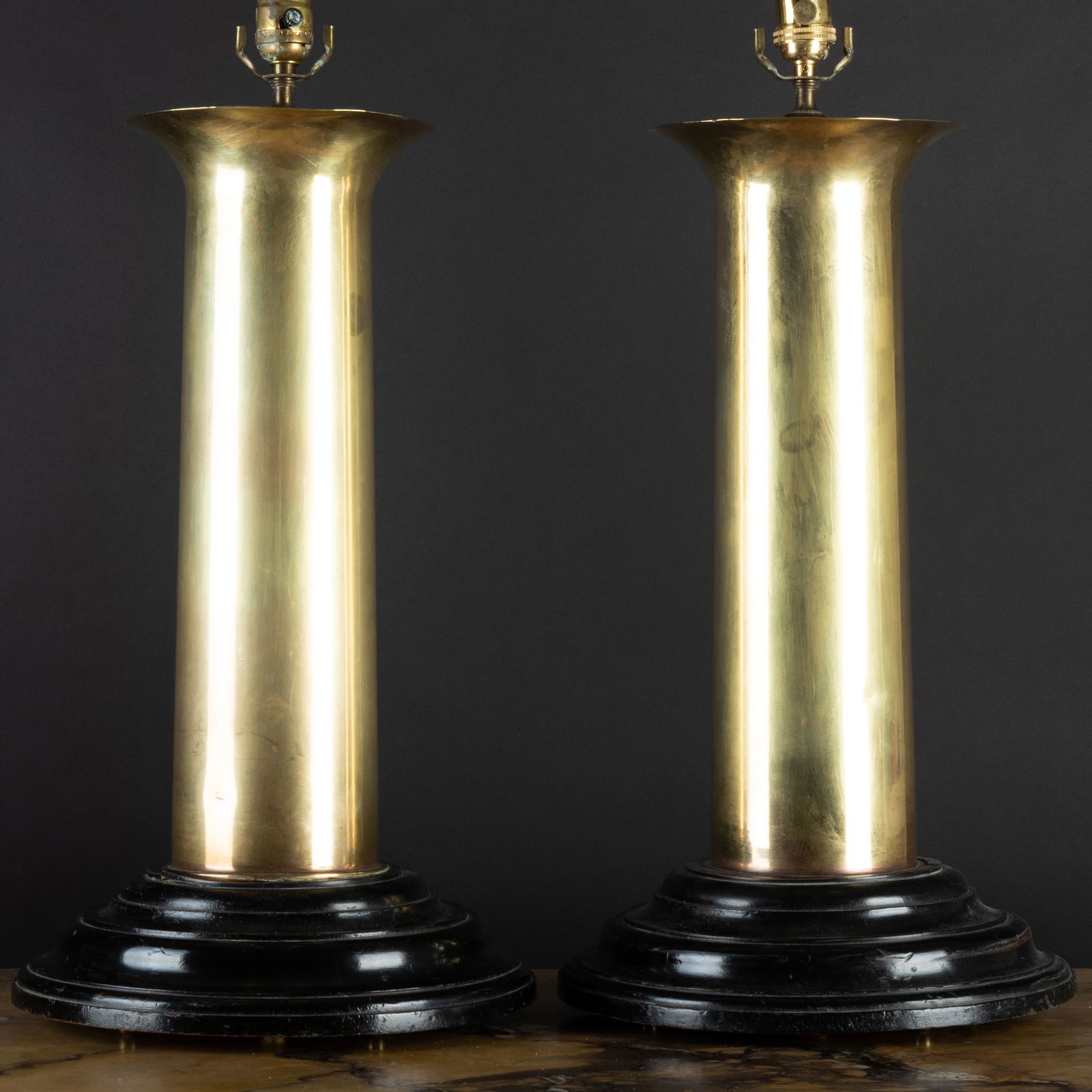 Pair of Large Brass, Copper and Ebonized Columnar Lamps (1 of 4)
