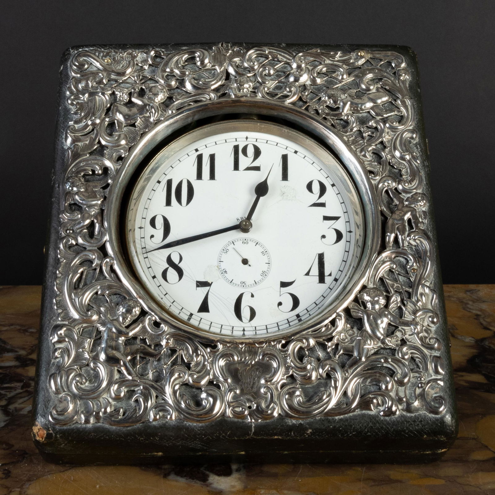 Edward VII Silver Mounted Leather Travel Clock Case and (1 of 8)