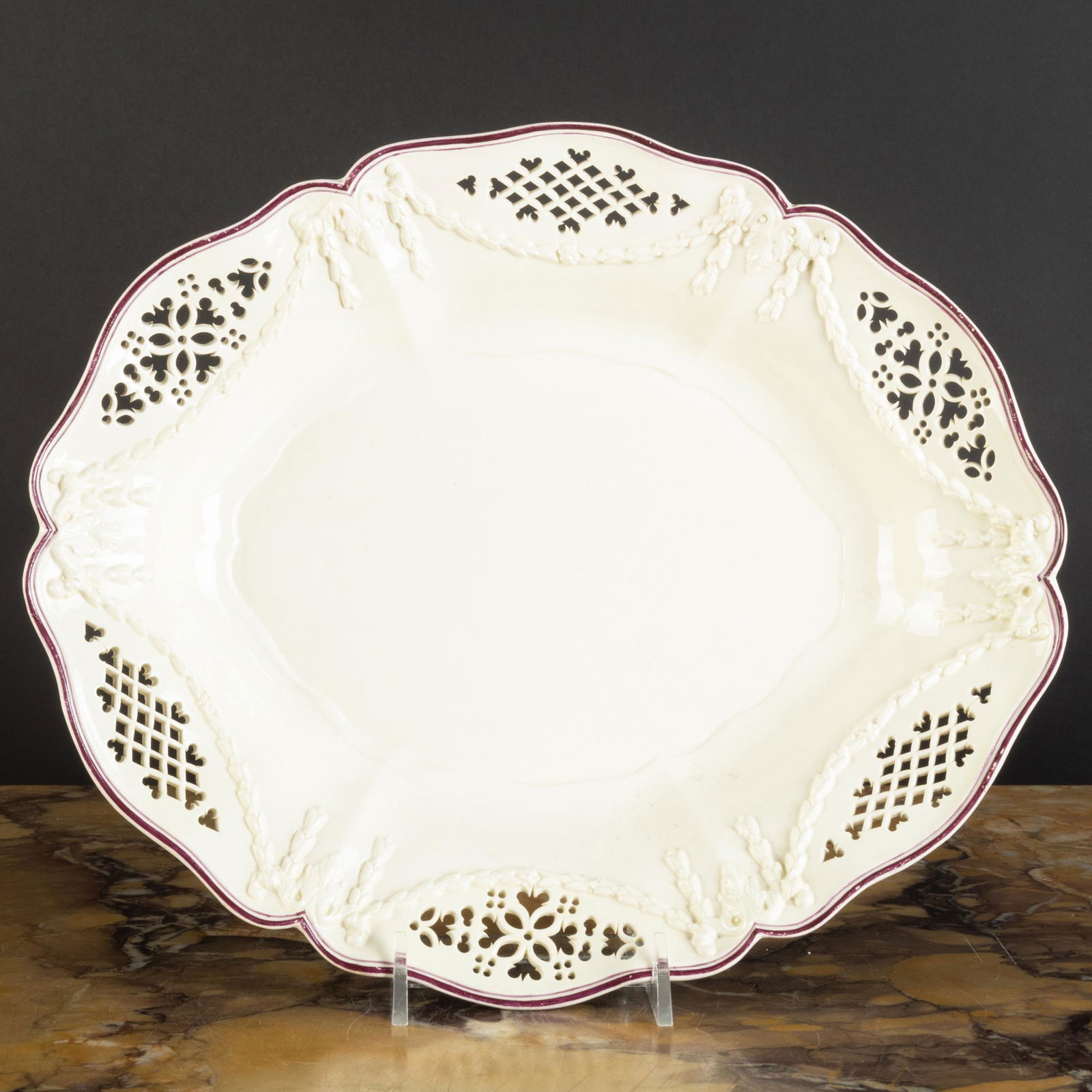 English Oval Pierced Basket with Puce Rim (1 of 3)