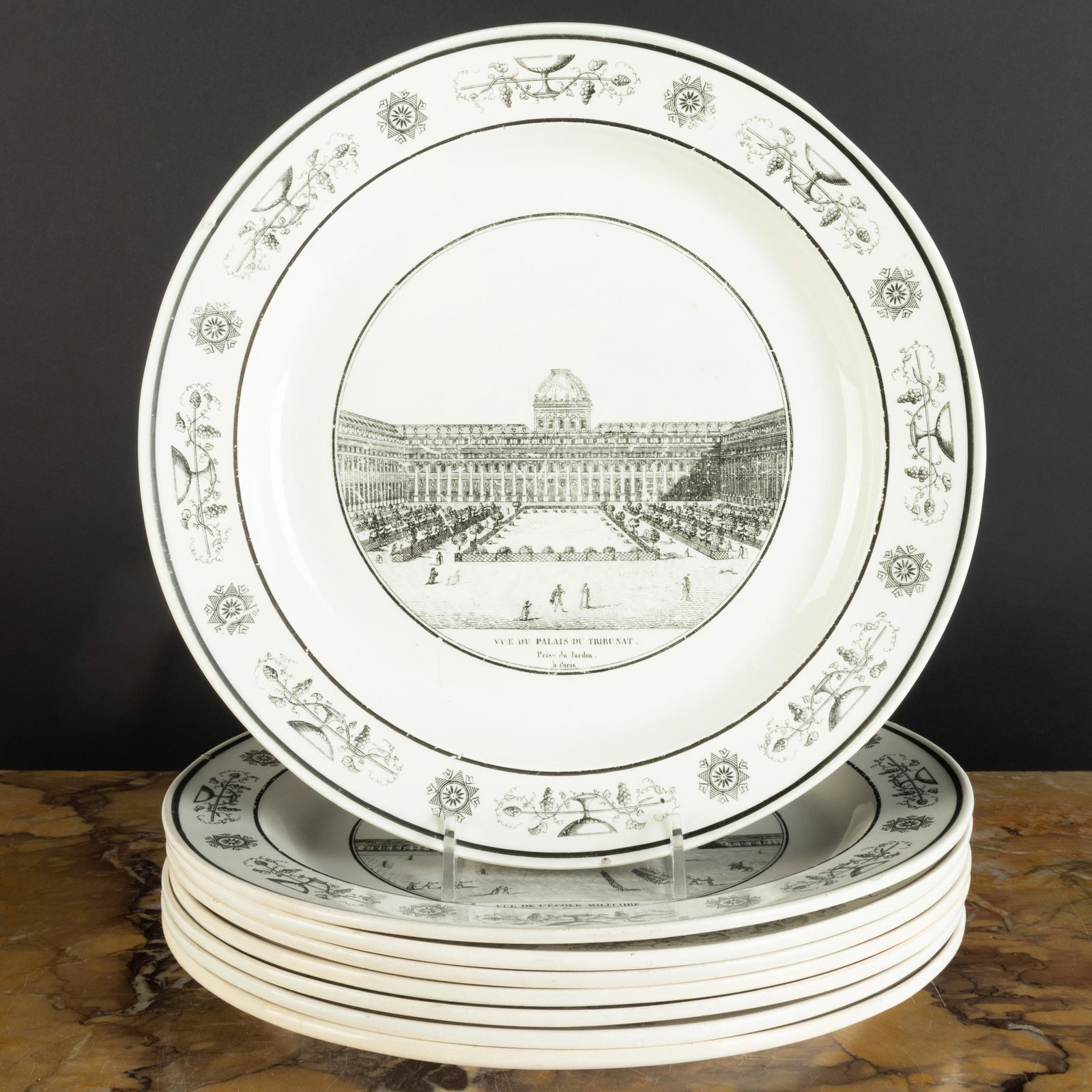 Group of Eight Stone, Coquerel et Le Gros Transfer: Group of Eight Stone, Coquerel et Le Gros Transfer Printed Creamware Dinner Plates Depicting Architecture Black printed mark. 9 5/8 in. diam. The Neoclassicist: Niall Smith