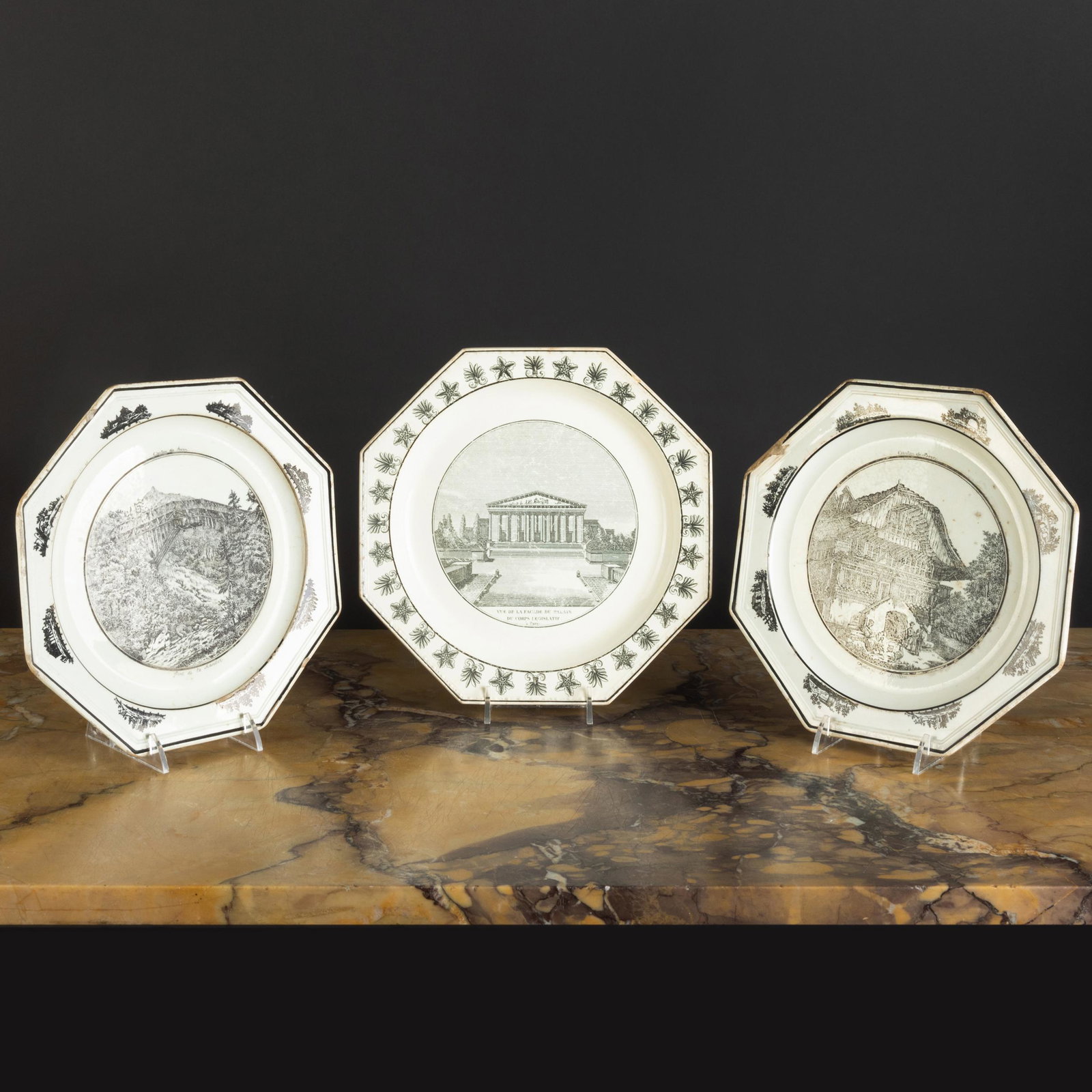 Pair of Luxembourg Transfer Printed Creamware Octagonal: Pair of Luxembourg Transfer Printed Creamware Octagonal Topographical Plates and a Stone, Coquerel et Le Gros Transfer Printed Creamware Octagonal Architectural Plate The pair with impressed marks, th