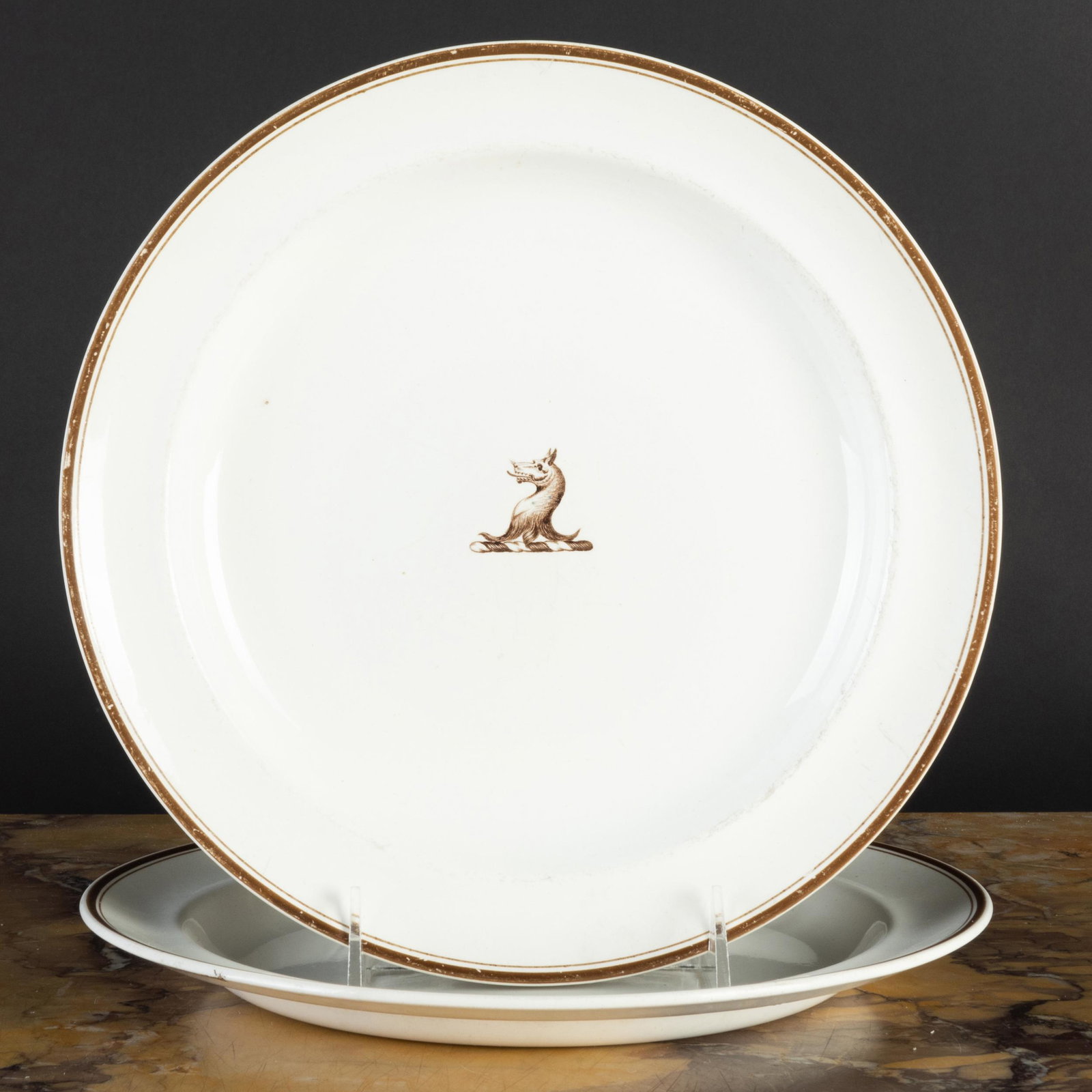 Pair of Wedgwood Creamware Plates with Sepia Crests: Pair of Wedgwood Creamware Plates with Sepia Crests Impressed marks. 9 3/4 in. diam. The Neoclassicist: Niall Smith