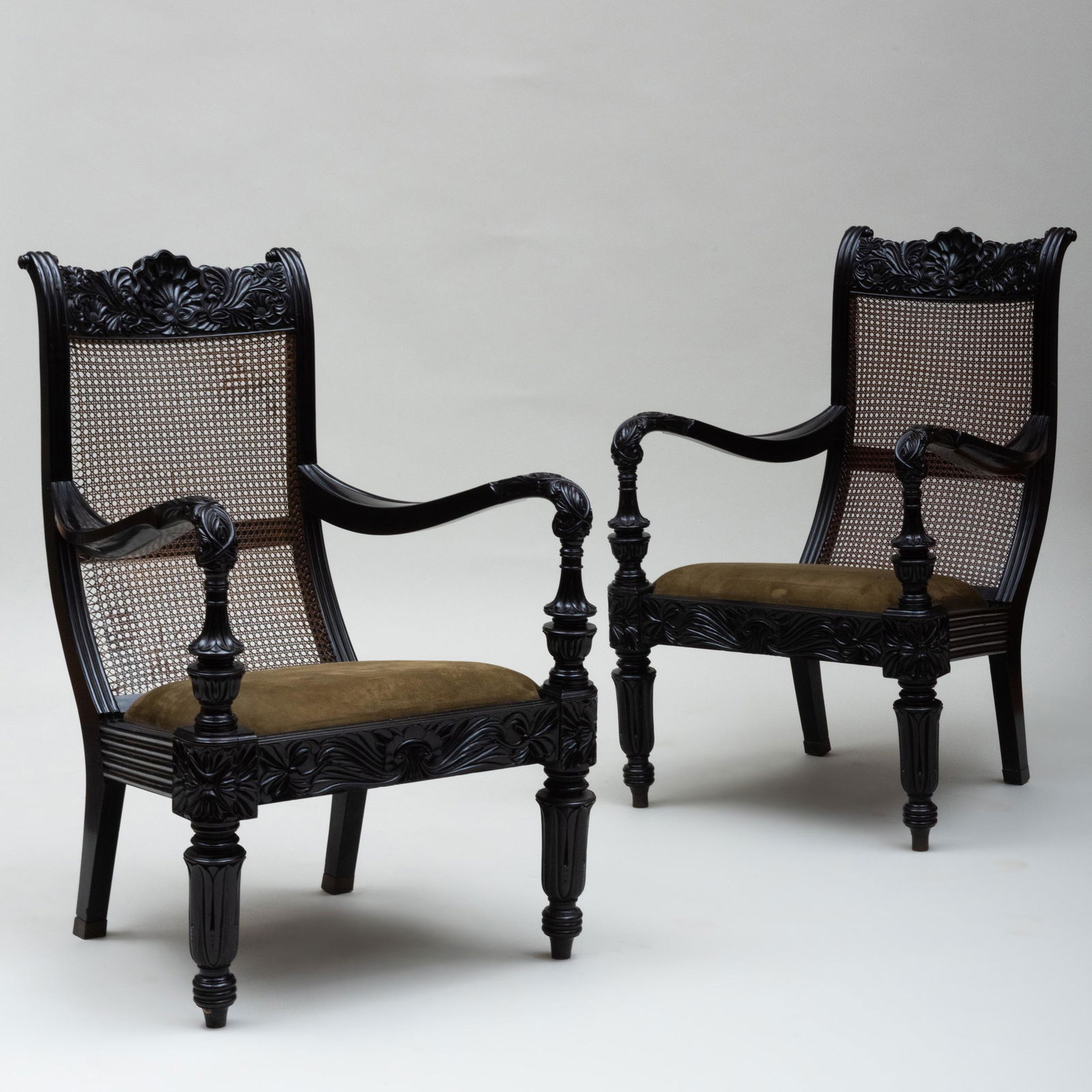Pair of Anglo-Indian Carved Ebony and Caned Armchairs, (1 of 13)