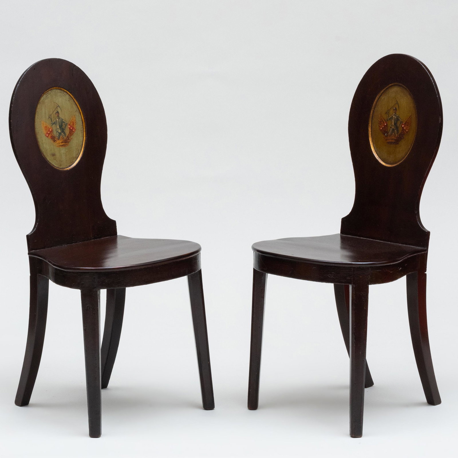 Pair of English Mahogany and Painted Hall Chairs: Pair of English Mahogany and Painted Hall Chairs 36 1/2 x 17 x 17 1/2 in., height of seat 17 1/2 in. The Neoclassicist: Niall Smith