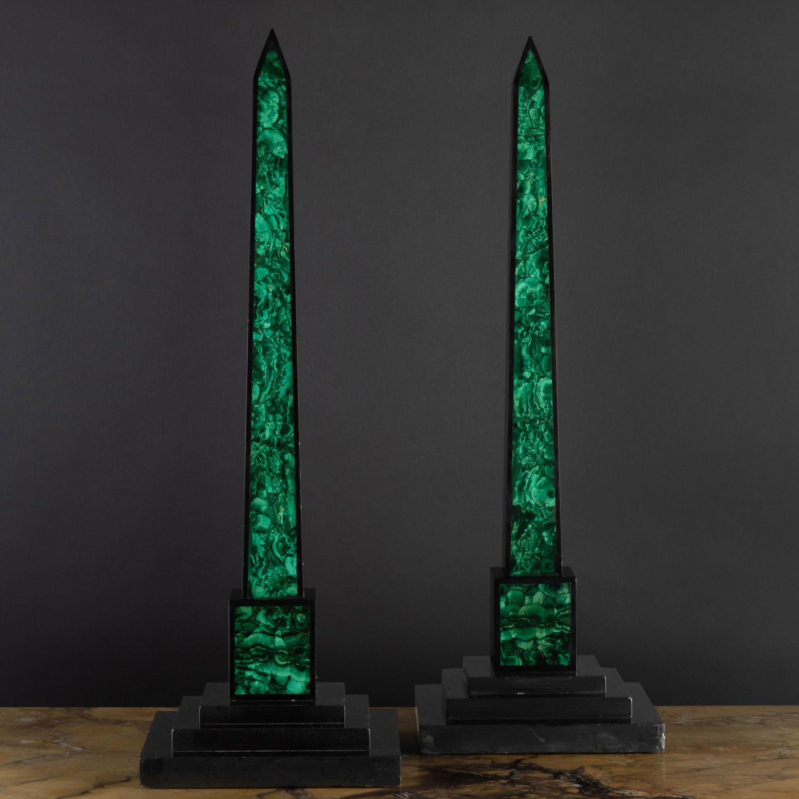 Pair of Malachite Inset Black Marble Obelisks (1 of 5)