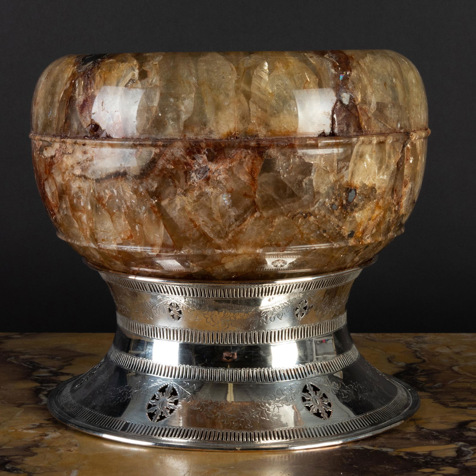 Blue John Master Salt with a Silver Plate Dish Ring: Blue John Master Salt with a Silver Plate Dish Ring Stand The salt 5 1/2 x 9 in. diam., the ring 3 1/2 x 8 5/8 in. diam., 8 1/4 x 9 in. diam. (overall). The Neoclassicist: Niall Smith