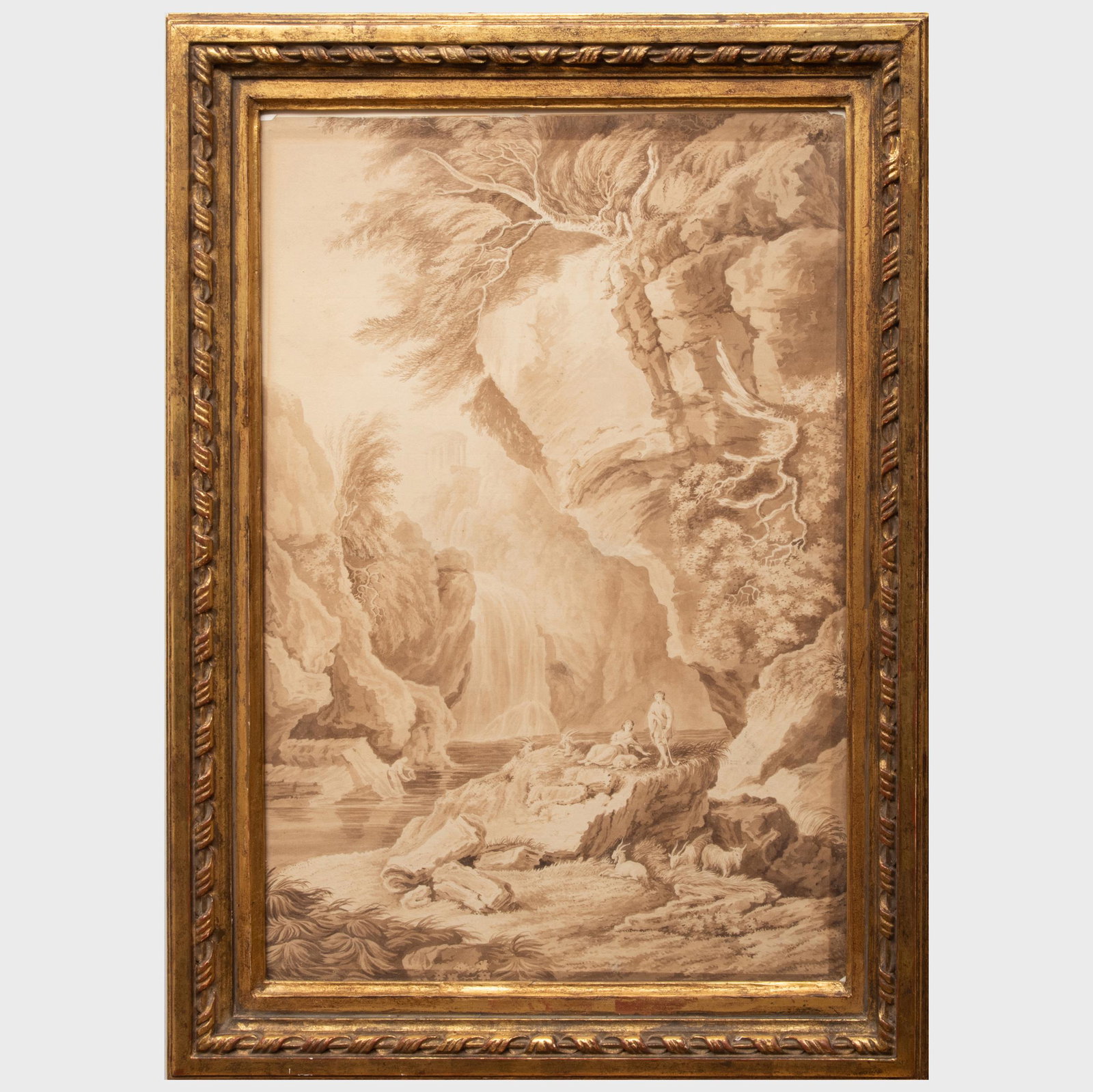 French School: Paysage animé devant les restes d'une: French School: Paysage animé devant les restes d'une villa Wash on paper, unsigned. 25 1/4 x 17 in. (sheet), 31 x 22 in. (frame). Property from the Estate of Emile Wolf