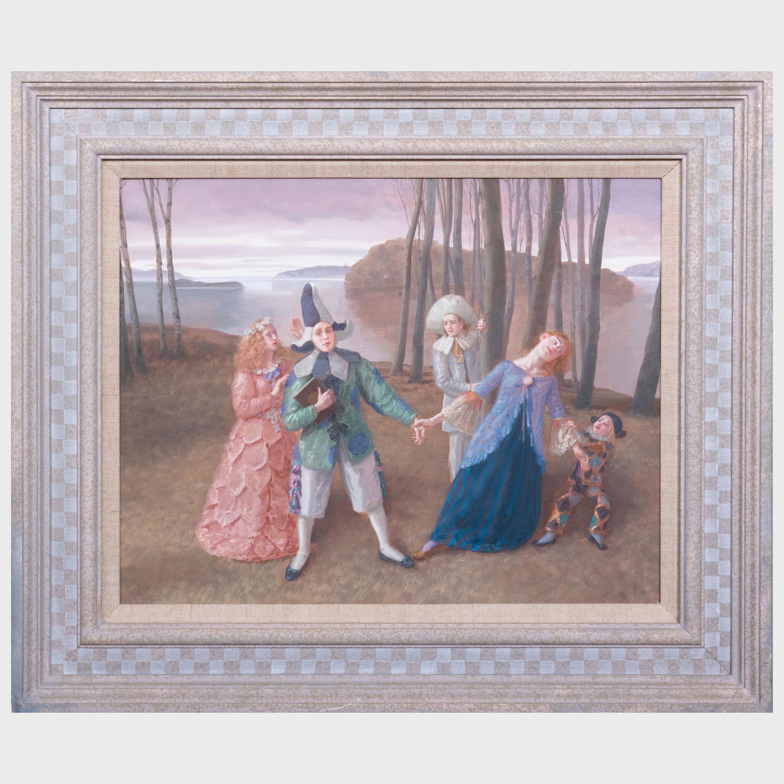 Claude William Harrison (1922-2009): Three Suitors for: Claude William Harrison (1922-2009): Three Suitors for Columbine; and Trials of a Comic Poet Two oil on board, 1989, both signed 'Claude Harrison', titled and dated on the reverse, with label from Por