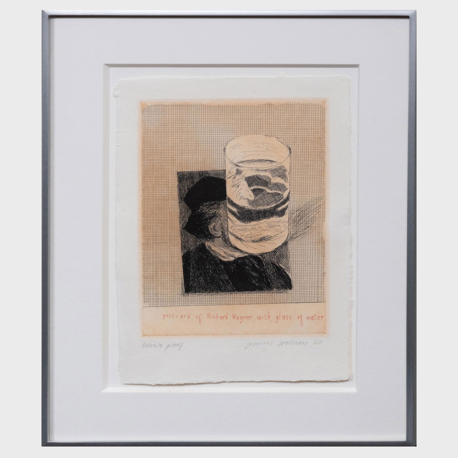 David Hockney (b. 1937): Postcard of Richard Wagner: David Hockney (b. 1937): Postcard of Richard Wagner With a Glass of Water Etching in black and red on wove paper, 1973, signed, dated and inscribed 'Artists proof' (the edition was 100) in pencil. 8 3