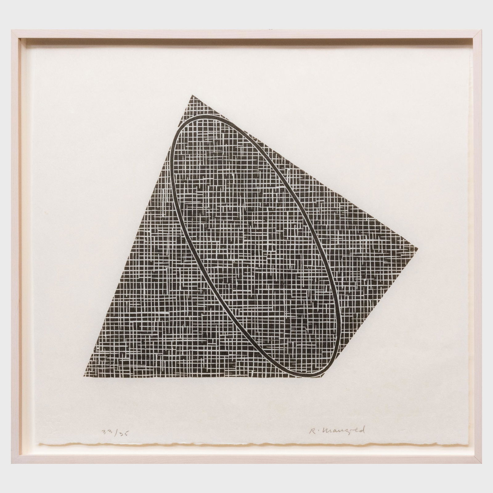 Robert Mangold (b. 1937): Untitled: Robert Mangold (b. 1937): Untitled Woodcut in black on Mulberry paper, 1989-90, signed and numbered 33/35 in pencil. 17 x 18 3/4 in. (sheet), 18 1/2 x 20 in. (frame). Brooke Alexander, Inc., NY. Prope