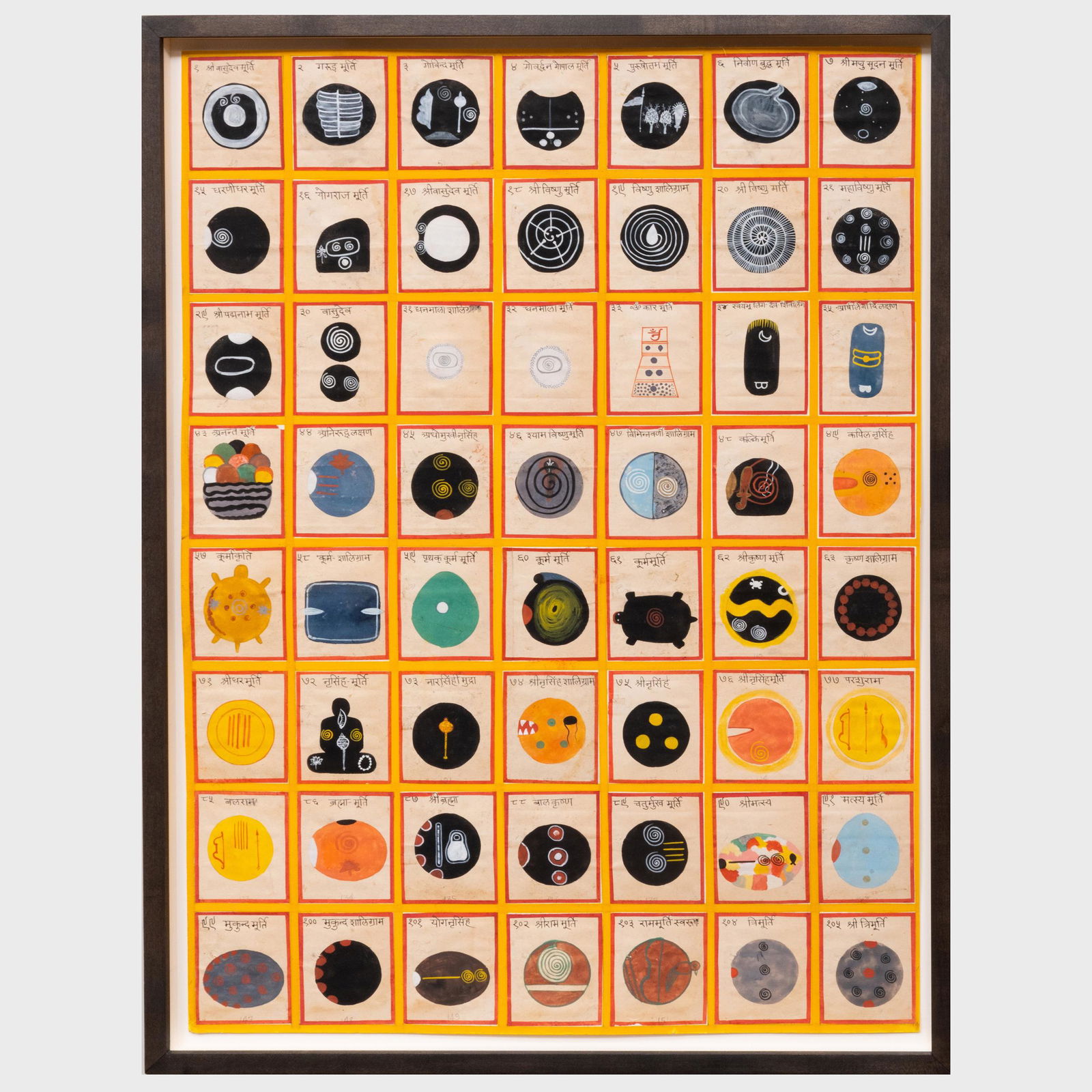 Kalu Ram (1950-2008): Chart of 56 Shaligrams: Kalu Ram (1950-2008): Chart of 56 Shaligrams Ink and gouache on paper with collage. 28 x 21 in. (sheet), 30 x 23 in. (frame). Alexander Gorlizki, Brooklyn, NY. Property from the Collection of Tom Levi