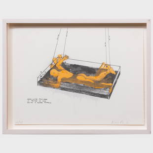 Roxy Paine (b. 1966): Man Lying Face Down in a Trough: Roxy Paine (b. 1966): Man Lying Face Down in a Trough of Mud Having a Temper Tantrum Screenprint with hand-coloring on wove paper, signed and numbered 57/75 in pencil. 8 x 11 in. (sheet), 9 1/2 x 12 1