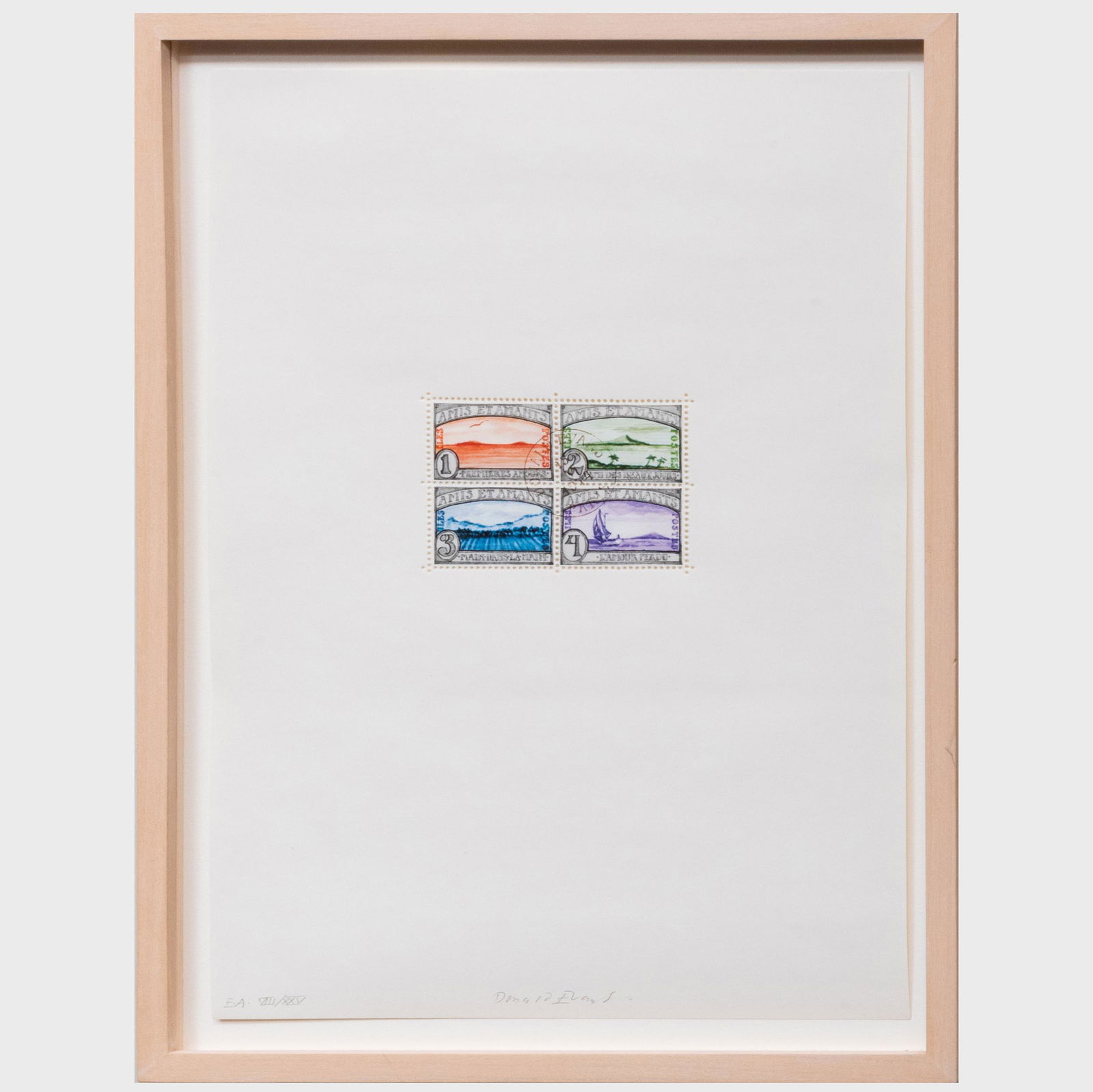 Donald Evans (1945-1977): Amis et Amants: Donald Evans (1945-1977): Amis et Amants Offset lithograph in colors with perforations on paper, signed and numbered E.A. XIII/XXV in pencil. 11 3/4 x 8 1/4 in. (sheet), 13 x 9 3/4 in. (frame). Proper