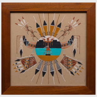 Lester Johnson: Sun Creation: Lester Johnson: Sun Creation Sand painting on plywood, signed 'Lester Johnson' on the reverse. 12 x 12 in., 14 1/2 x 14 1/2 in. (frame). Property from the Collection of Tom Levine