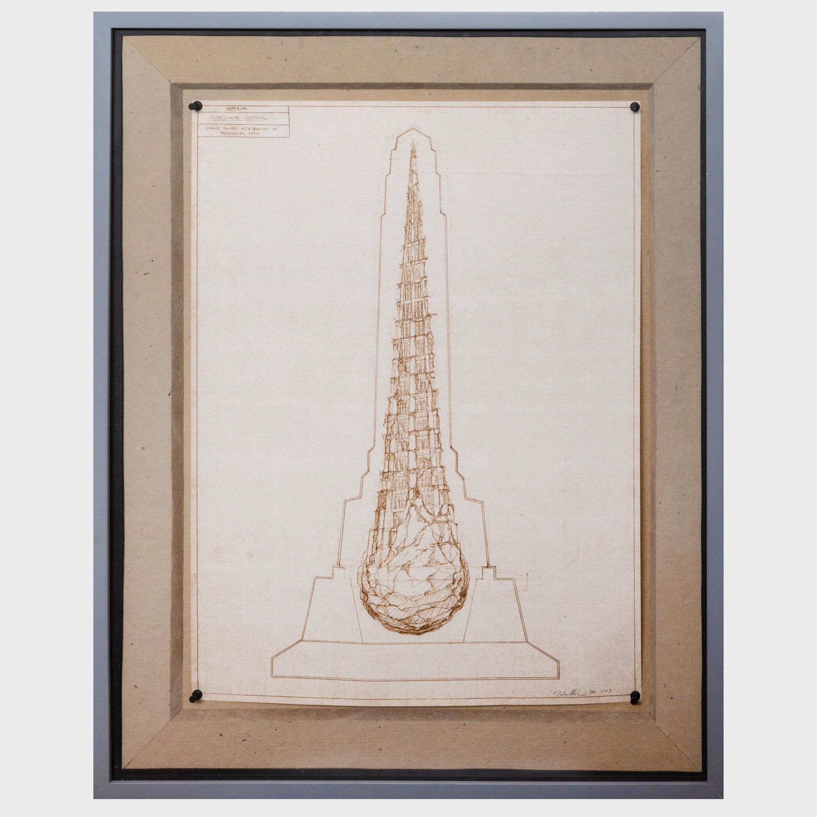 Julian LaVerdiere: Collegiate Gothic Babel Elevation: Julian LaVerdiere: Collegiate Gothic Babel Elevation Mixed media on paper, 2001, signed , dated and numbered 1/3 in pencil, with label from Deitch Projects, NY. 24 x 30 in. (sheet), 31 x 25 in. (frame