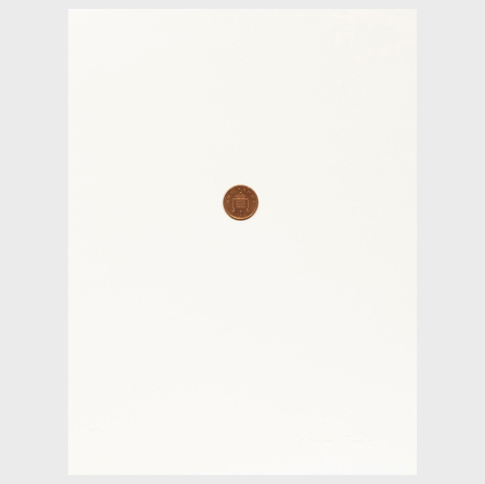 Gavin Turk (b. 1967): Found Coin: Gavin Turk (b. 1967): Found Coin Penny on paper, 2011, impressed signature and date at bottom, with original text sheet. 11 x 8 1/4 in. (sheet), unframed. Note: British artist Gavin Turk was asked to