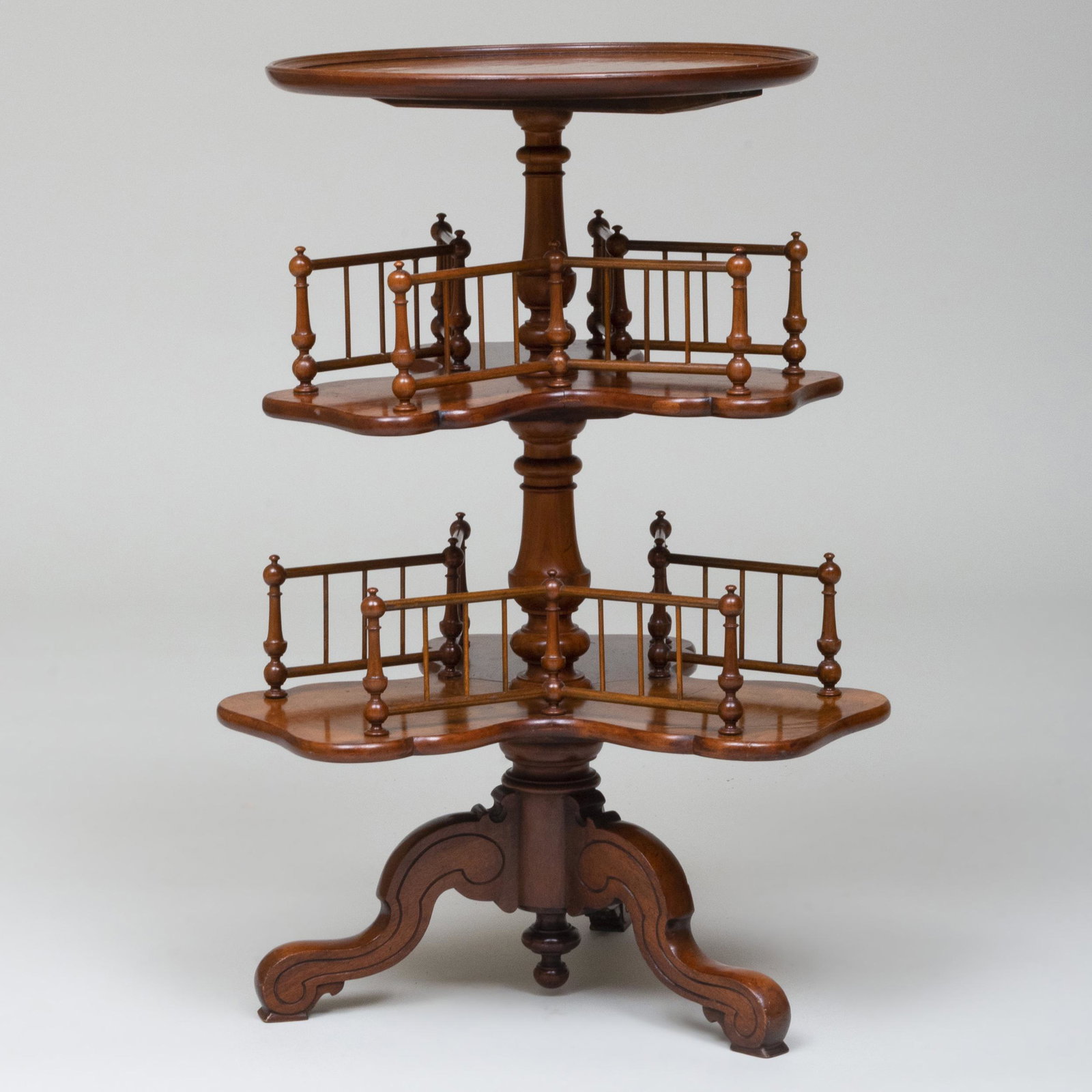 Edwardian Burlwood Library Etagere: Edwardian Burlwood Library Etagere 33 1/2 x 23 1/2 in. diam.