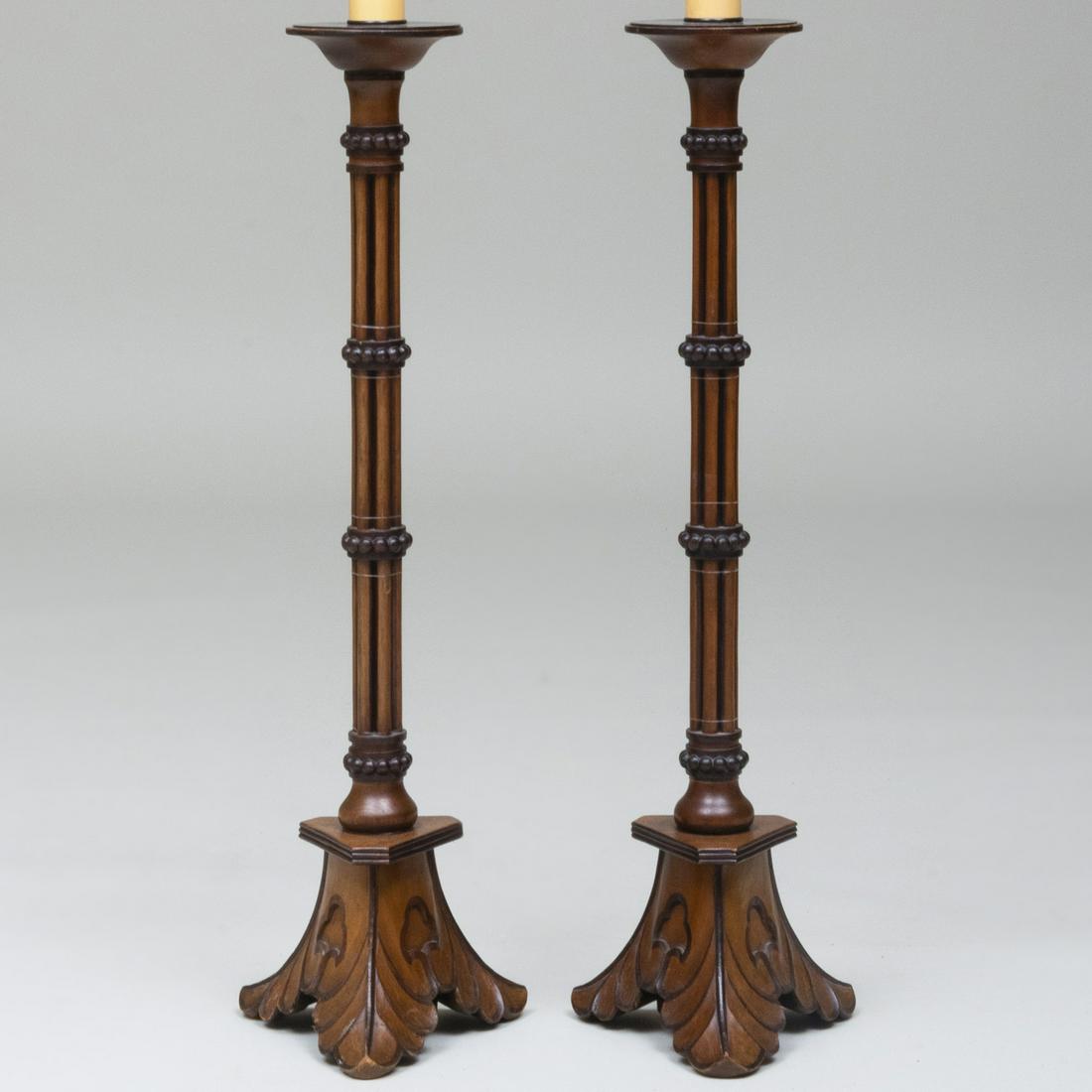 Pair of English Carved Wood Candlestick Lamps (1 of 4)
