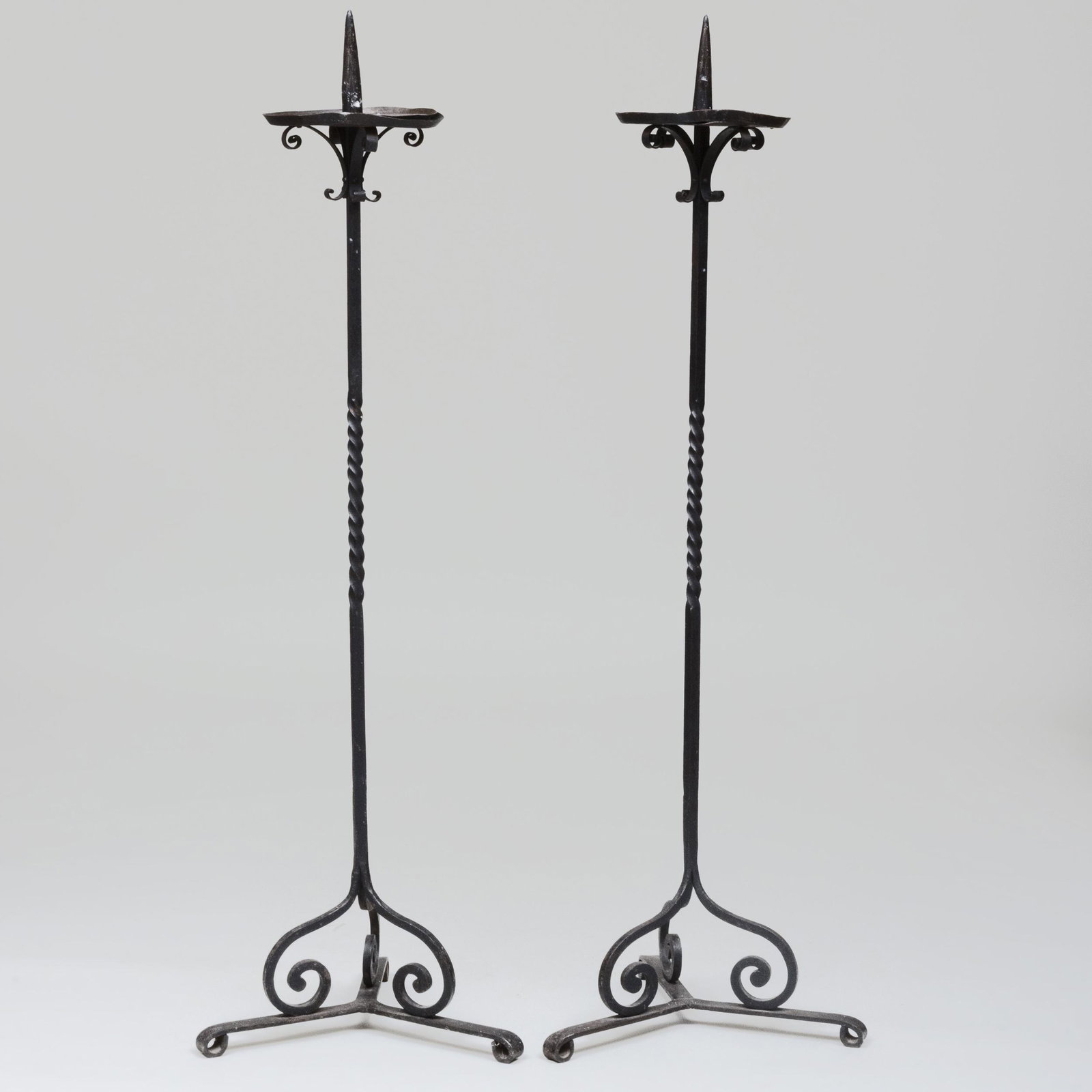 Pair of Wrought Iron Torchères: Pair of Wrought Iron Torchères 5 ft. 1 in. x 19 x 19 in.