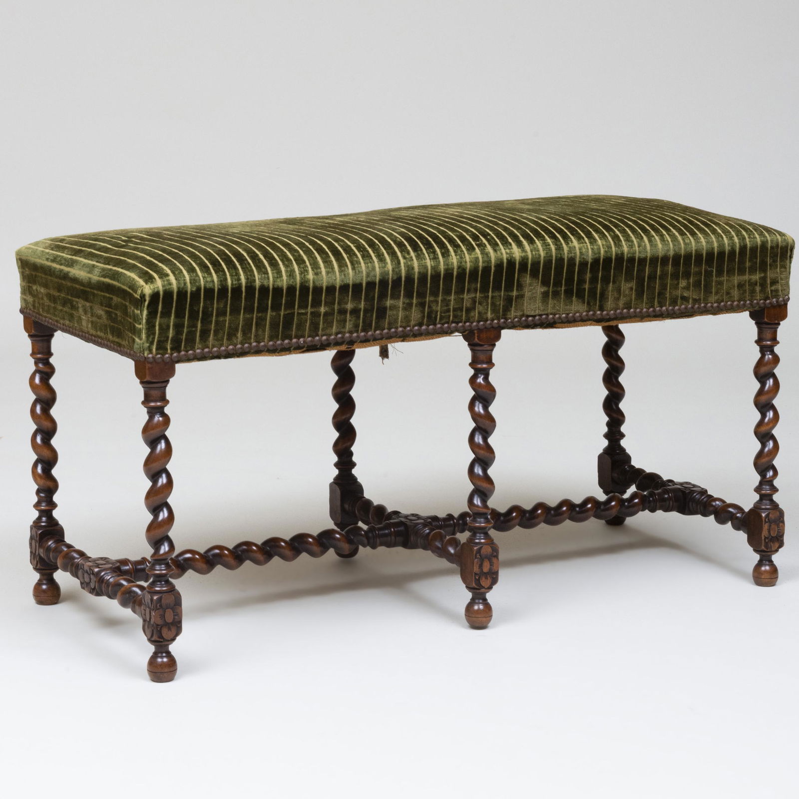 William and Mary Style Mahogany Bench with Green Velvet (1 of 7)