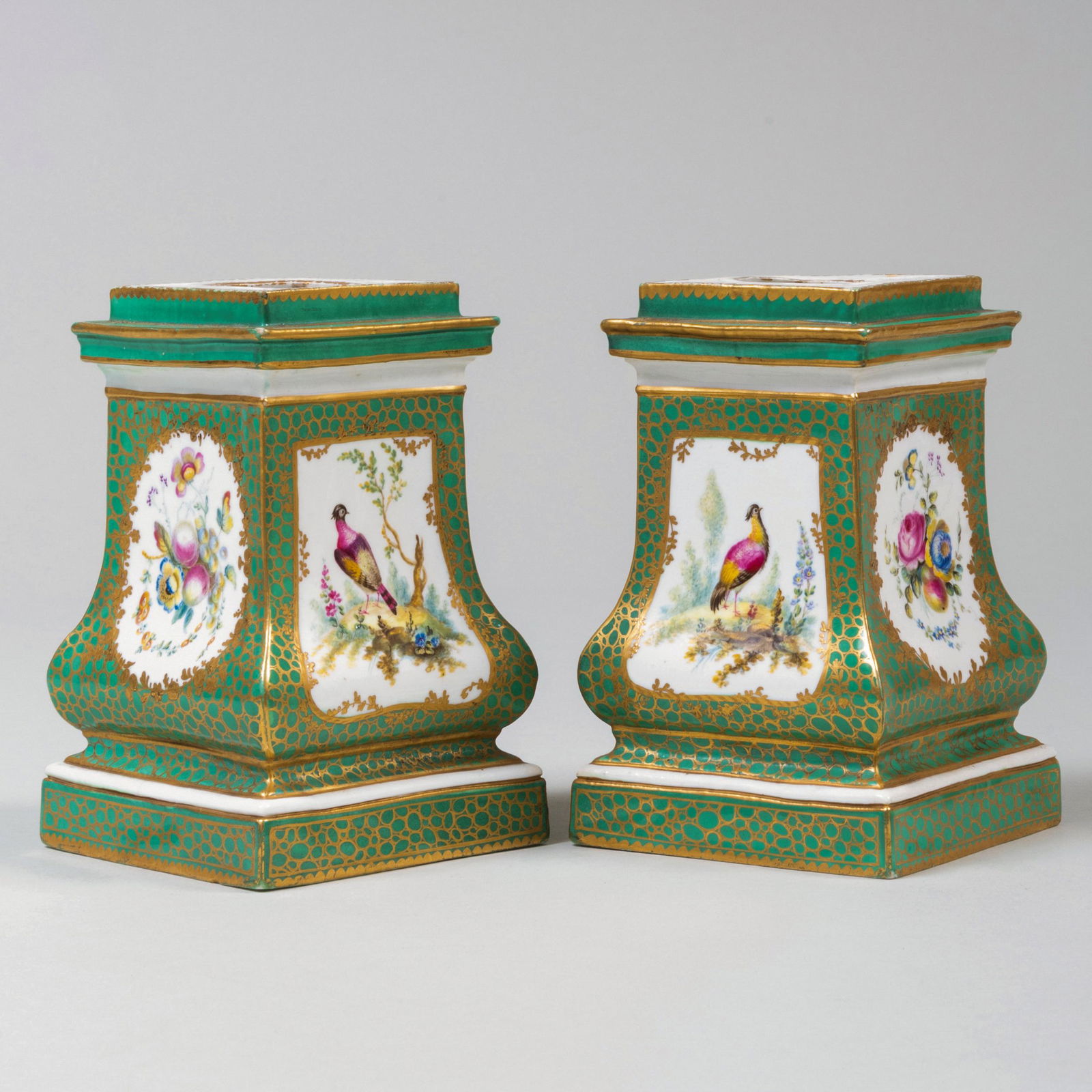 Pair of Sèvres Green Ground Porcelain Bough Pots: Pair of Sèvres Green Ground Porcelain Bough Pots Unmarked. 5 3/8 x 3 x 3 in. Sotheby's New York, November 5, 1998, Lot 205. Property from a Coral Gables, Florida Private Collection