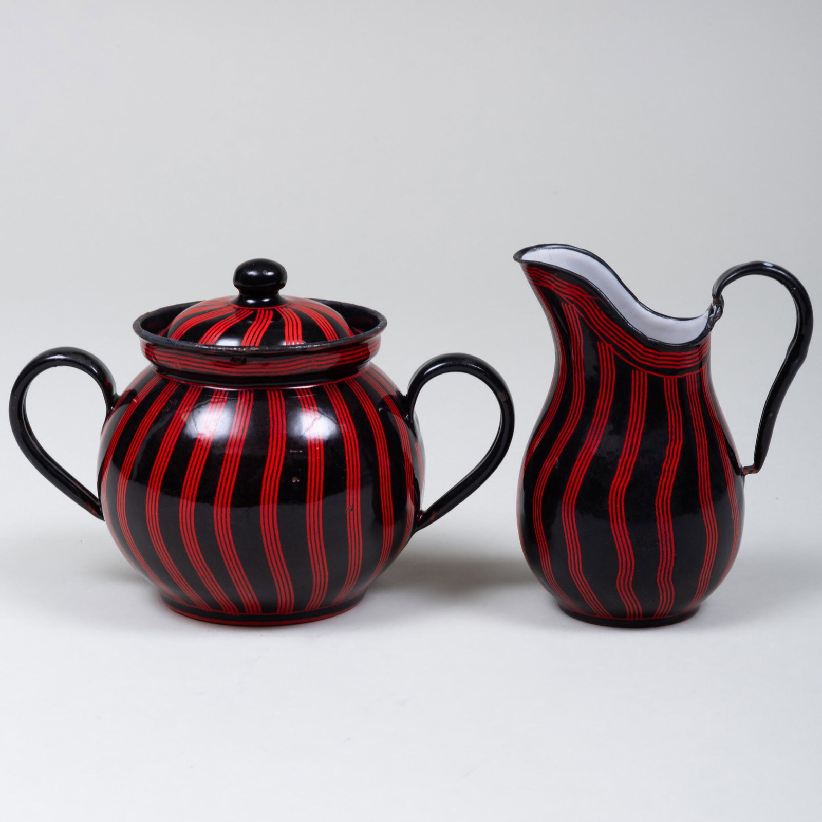 B.G.B. Czech Enamel Sugar Bowl and Cream Jug: B.G.B. Czech Enamel Sugar Bowl and Cream Jug The cream jug 5 in. high.