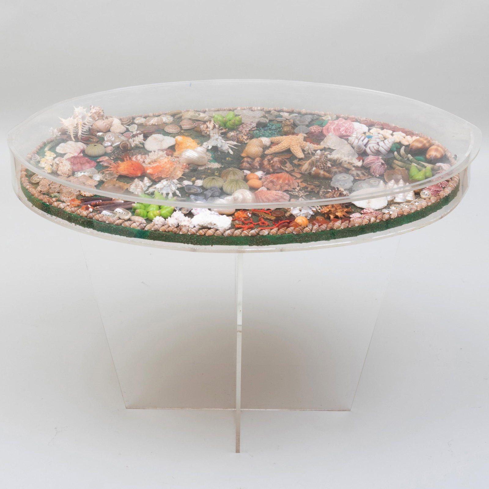 Lucite Seashell Table: Lucite Seashell Table 28 1/4 x 39 x 27 1/2 in.