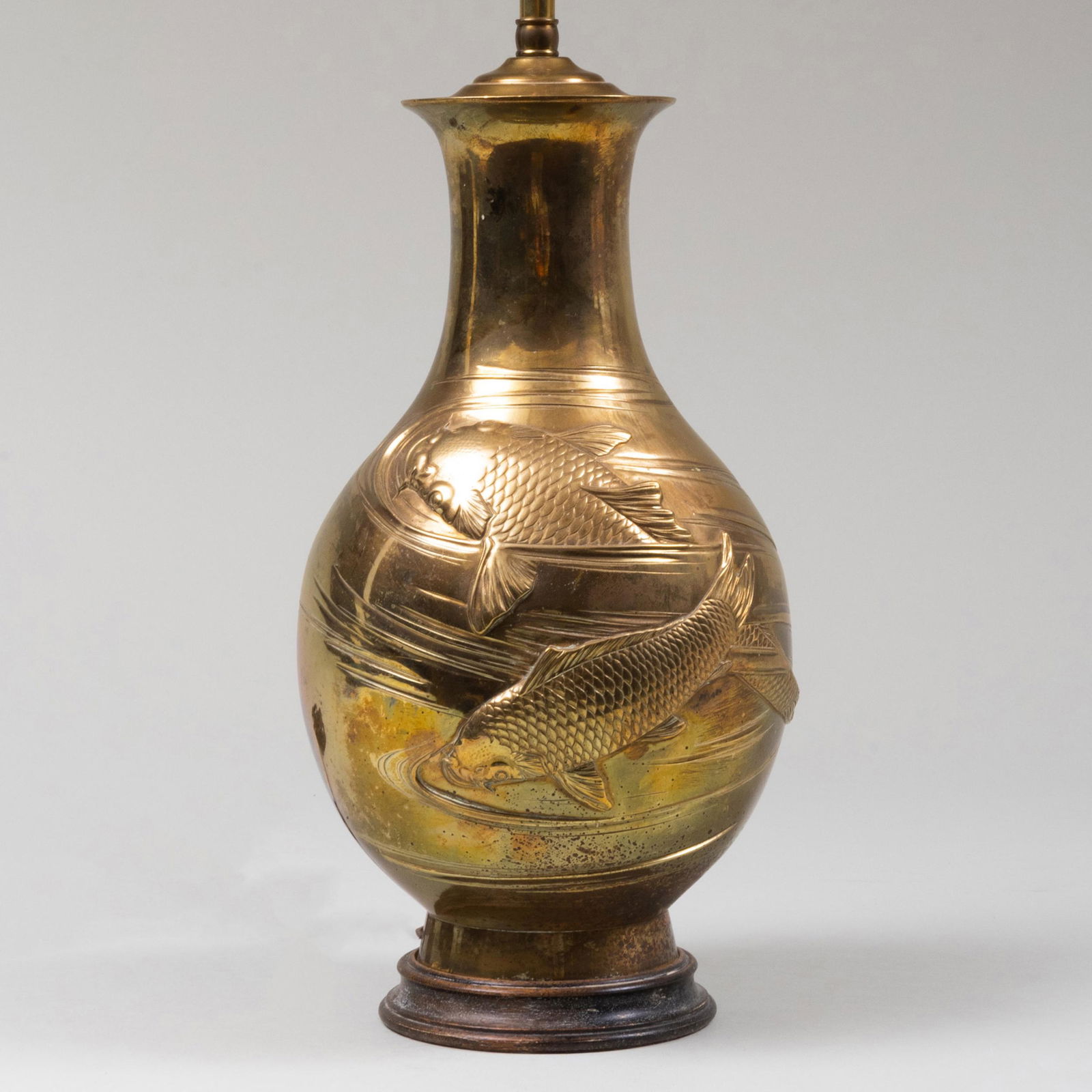Asian Brass Lamp Embossed with Swimming Coy (1 of 6)
